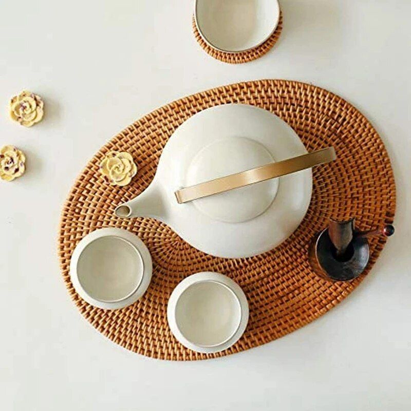 Hand-Woven Rattan Placemat - Eco-Friendly, Modern Oval Table Accessory