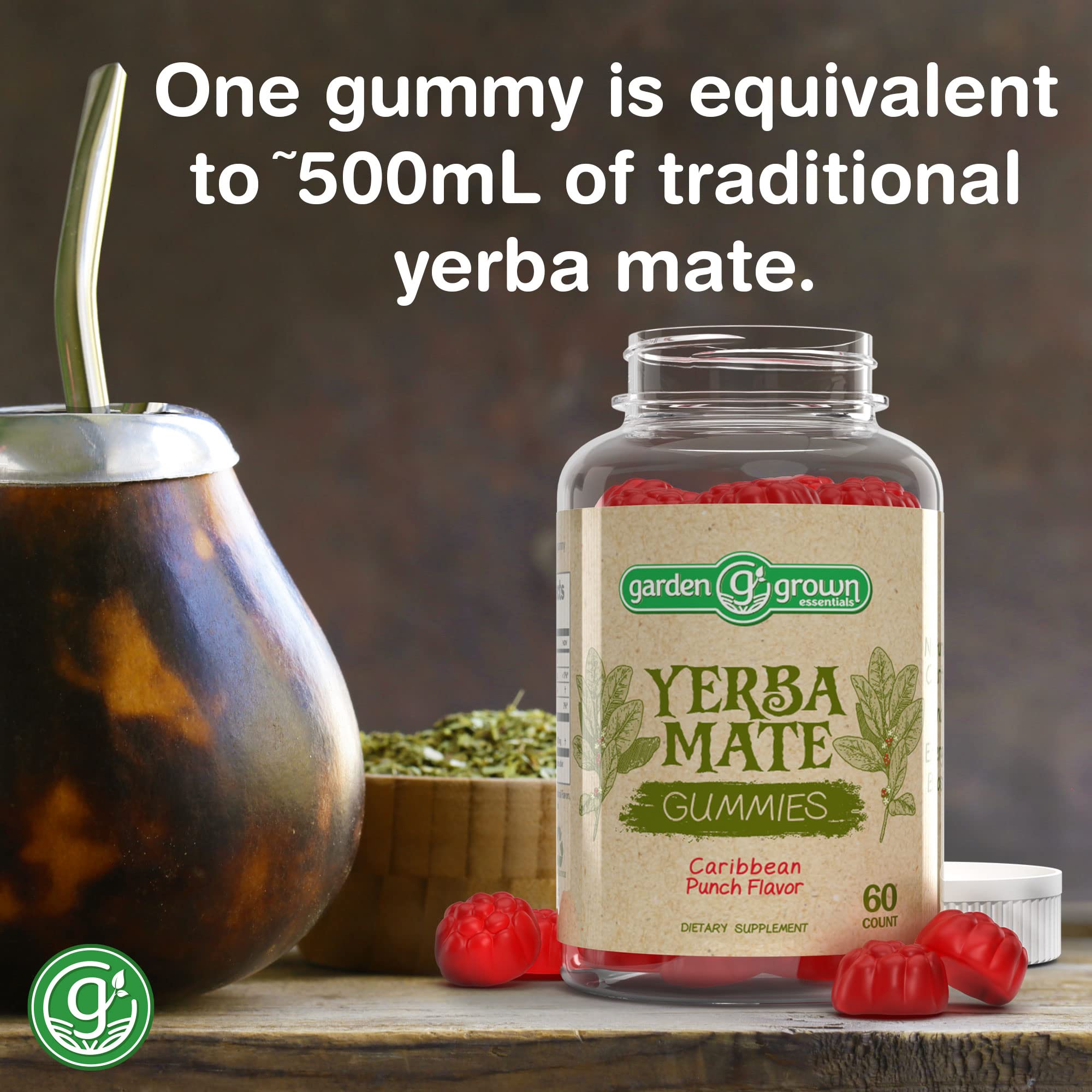 Yerba Mate Gummies - 1000 MG Per Serving 60,000 MG High Potency - Tastier, More Effective Way To Achieve Benefits of Yerba Mate - All Natural Energy and Clarity Boosting Gummy Supplement - Made in the USA (60 Count - Carribean Punch Flavor)