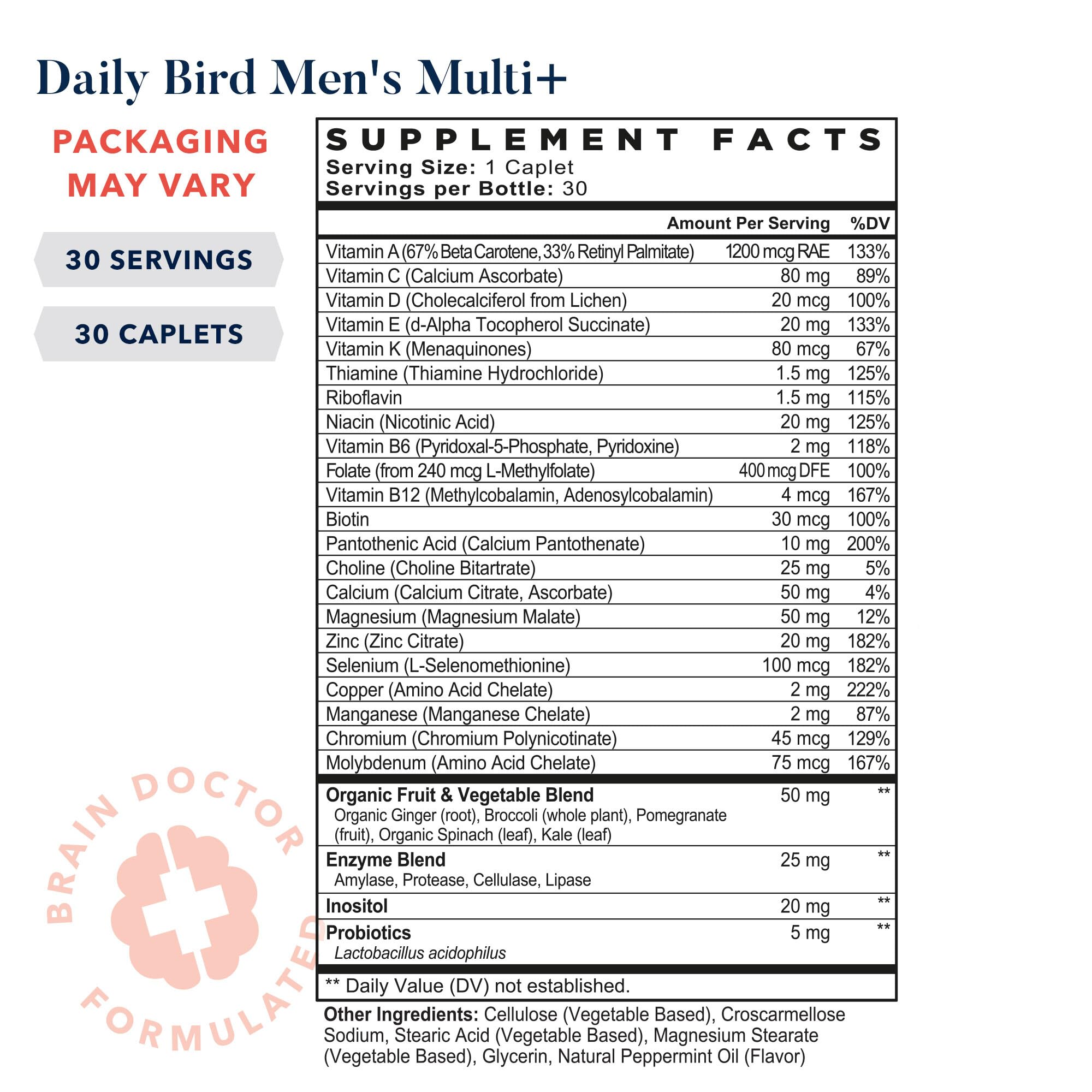 Best Nest Daily Bird Men's Multivitamin with Probiotics, Methylfolate, B12, with Whole Food Organic Blend, Once Daily Multivitamin Supplement, 30 Ct