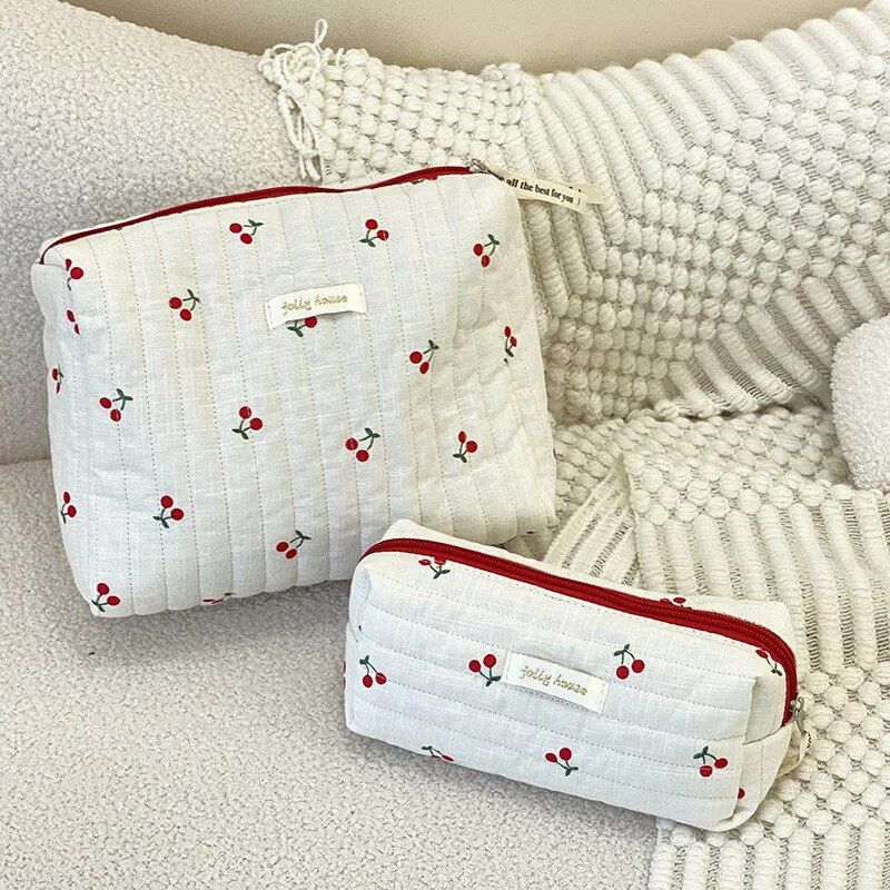 Charming Retro Cherry Quilted Cosmetic and Pencil Case