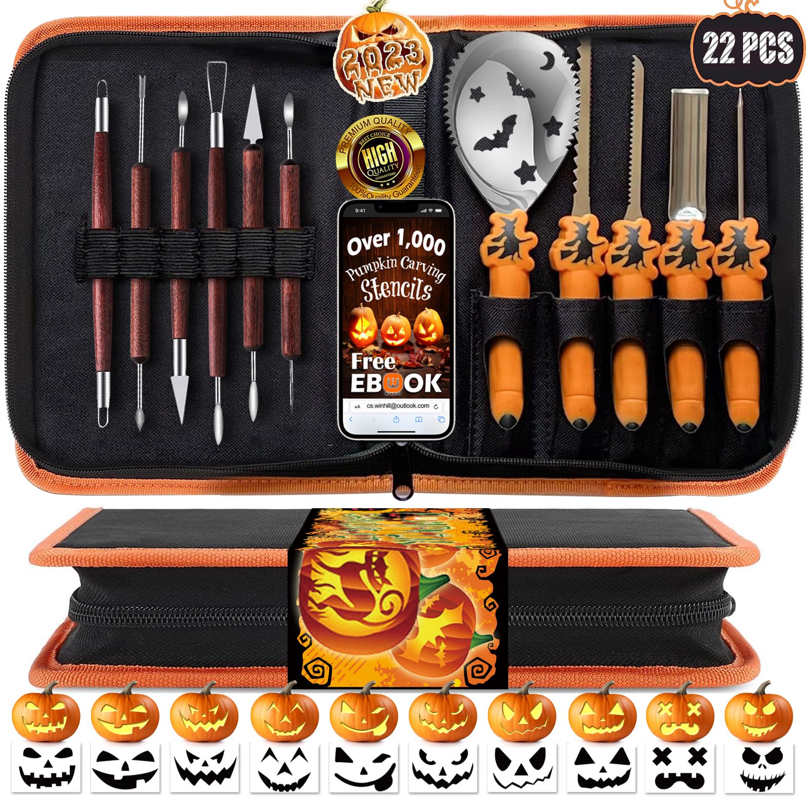 Pumpkin Carving Kit with Free Stencils & Witch Finger, 22 PCs Heavy Duty Stainless Steel Knife Professional Sculpting Tool Set for Kid Adult, in Carver Carrying Case Jack-O-Lantern Décoration