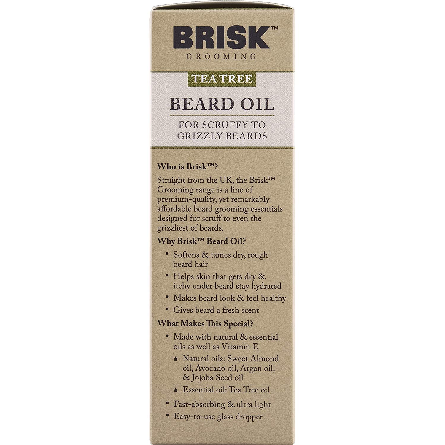 Brisk Grooming Tea Tree Beard Oil, Fast-absorbing Blend of Natural & Essential Oils Softens & Tames for a Beard that Looks & Feels Healthy not Greasy, 1.7 fl.oz. (50mL) Bottle w/Dropper