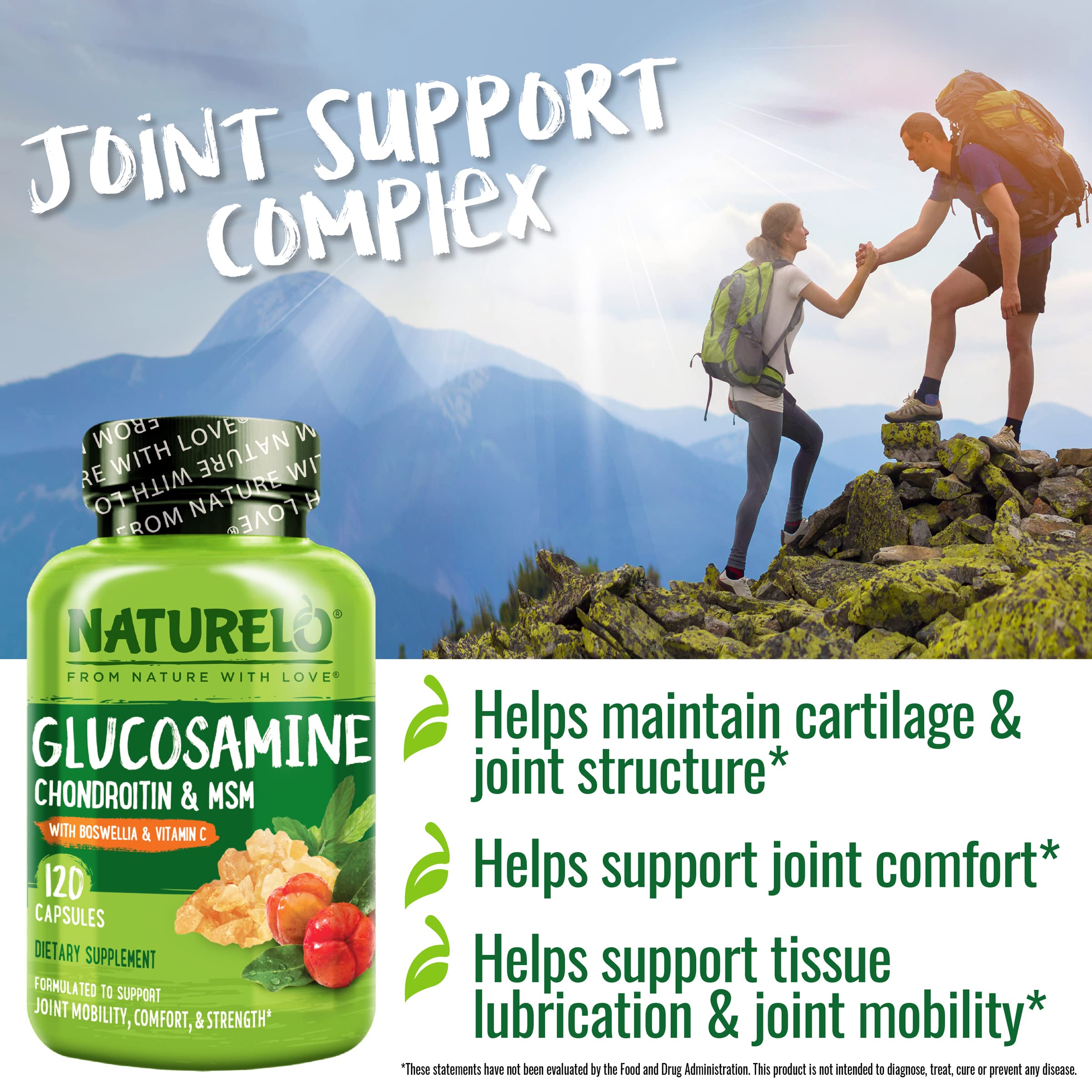 NATURELO Glucosamine Chondroitin MSM with Boswellia and Vitamin C - Joint Support Supplement - 120 Capsules