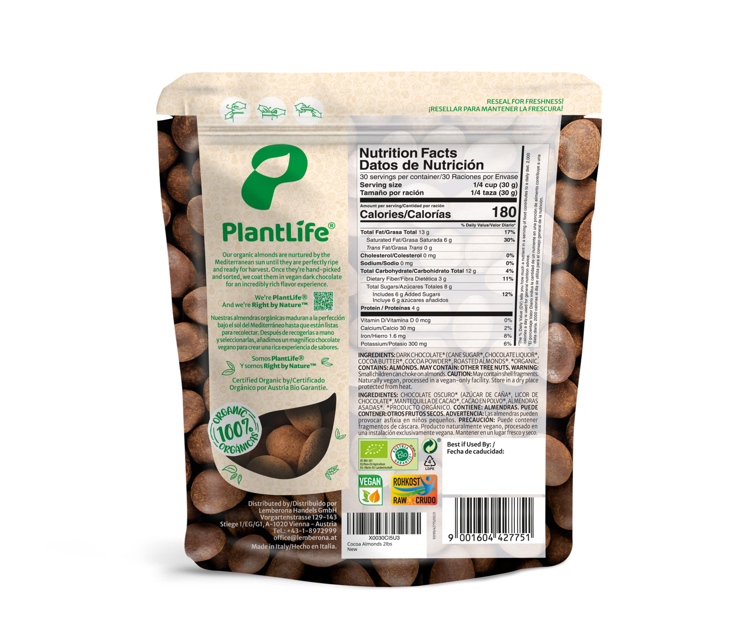 PlantLife Organic Vegan Chocolate Almonds 2lbs – With Unpasteurized Organic Sicilian Almonds & Plant-Based Chocolate, Non-GMO & Certified USDA Organic