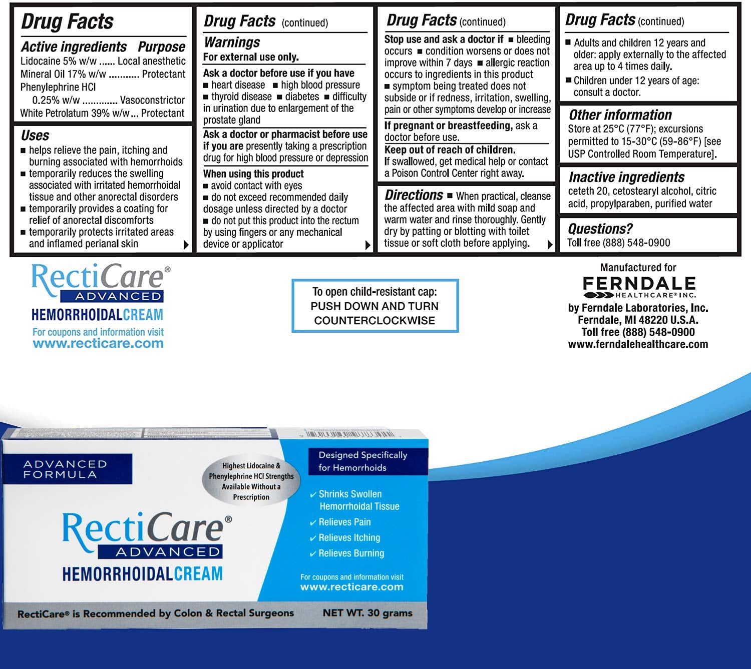 Recticare Advanced Hemorrhoidal Cream: Advanced Treatment to Shrink & Soothe Hemorrhoids - Itch, Pain, & Burn Relief - 30g Hemorrhoidal Cream with Lidocaine