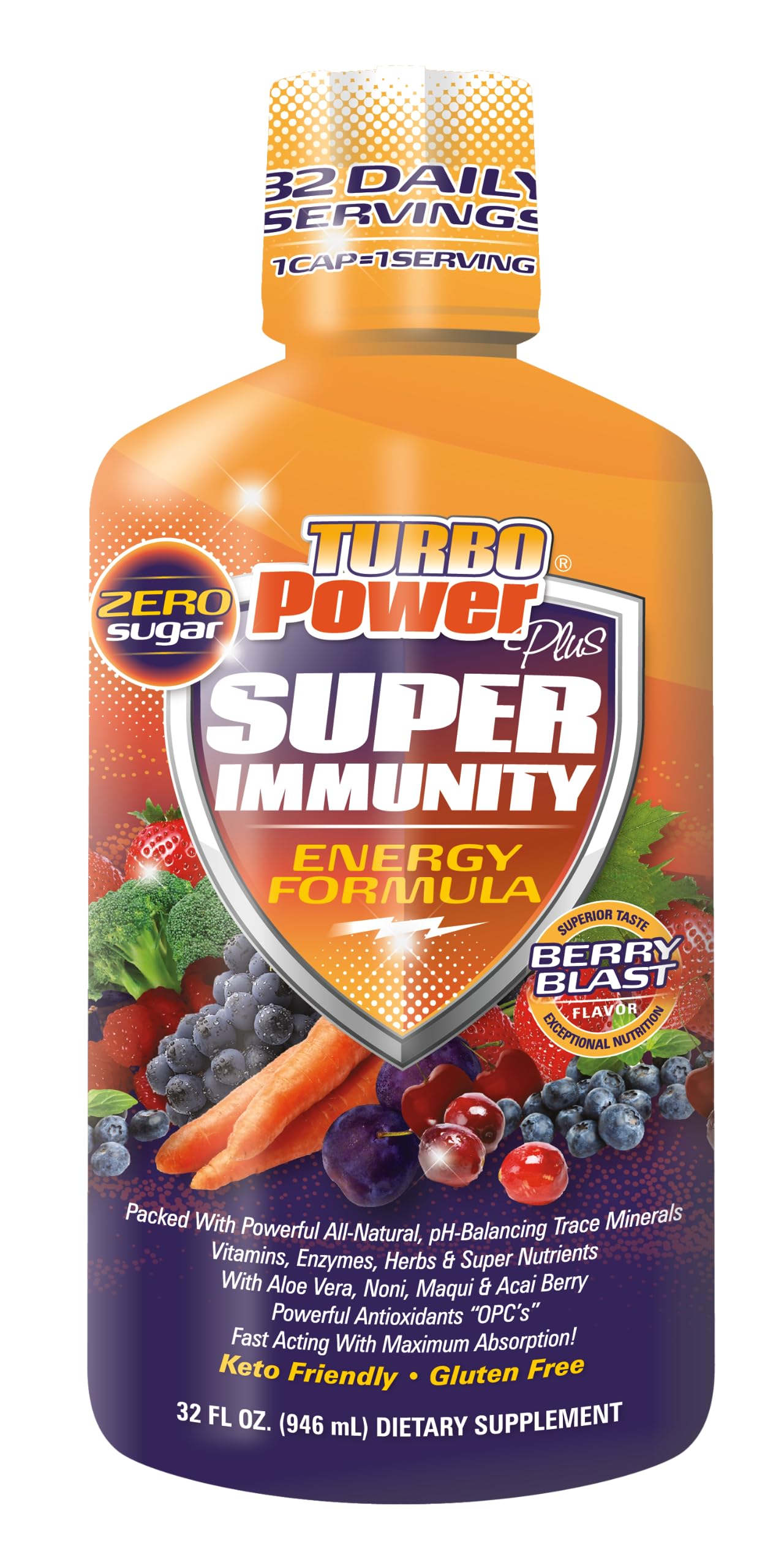 Turbo Power Plus Super Immunity 32 Oz. Liquid Energy Formula: 72 Natural Plant-Based Minerals, 17 Powerful Antioxidants, 47 Vitamins, Enzymes, Vitamin D3, Vitamin A, and Vitamin C