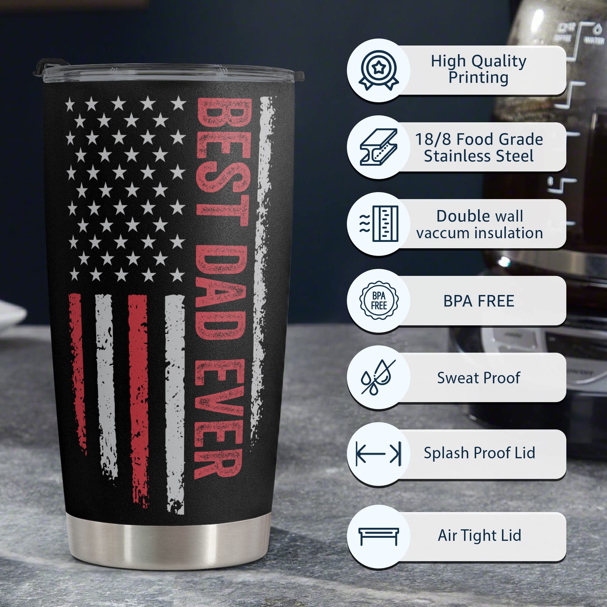 Macorner Fathers Day Gift For Dad - Stainless Steel American Flag Tumbler Cup 20oz - Birthday Gifts for Dad From Kids - Dad Gifts From Daughter Son Wife For Birthday Fathers Day