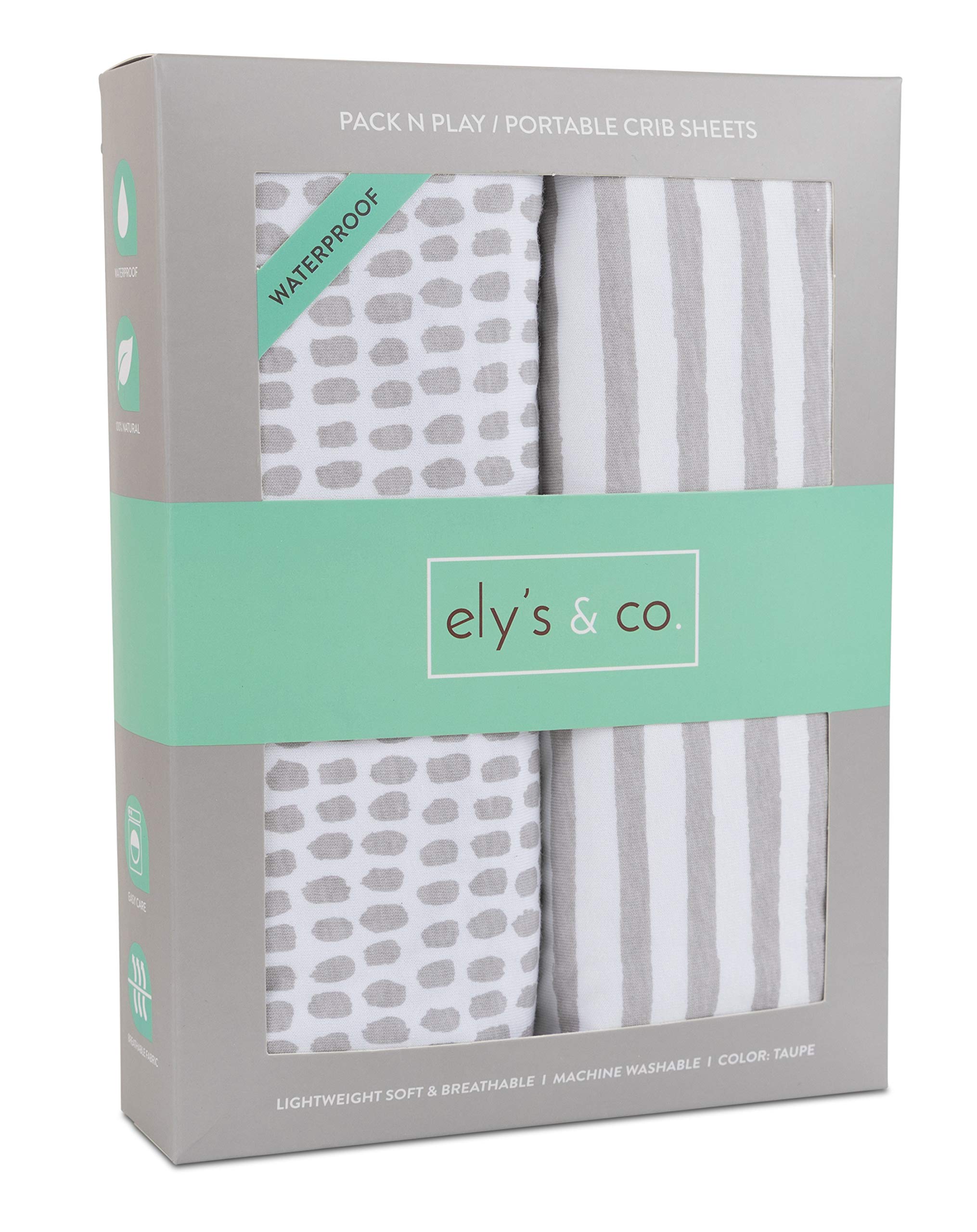 Ely's & Co. Patent Pending Waterproof Pack N Play/Mini Portable Crib Sheet with Mattress Pad Cover Protection I Taupe Stripes and Splash