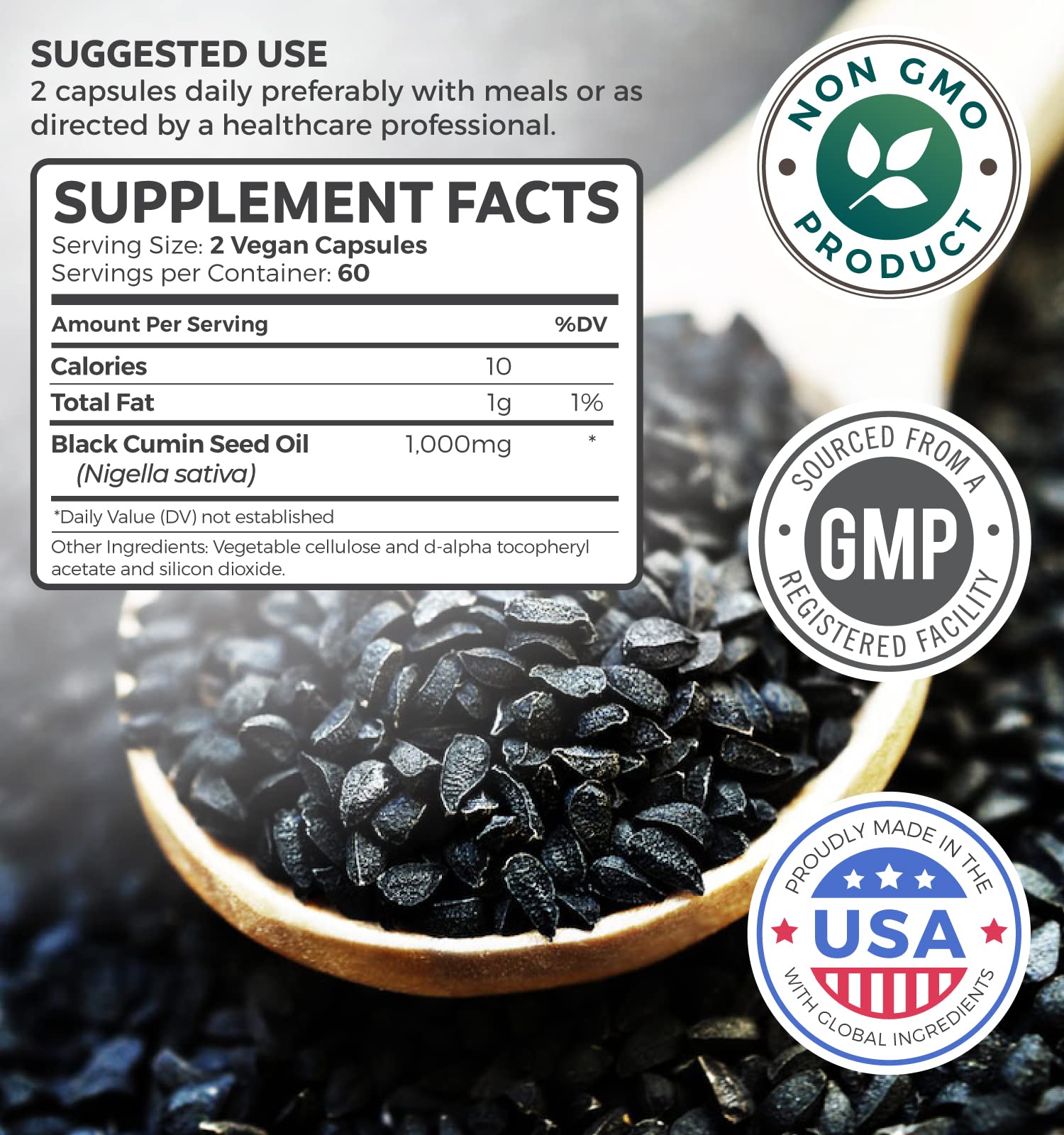 Black Seed Oil - 120 Softgel Capsules Skin Health (Non-GMO & Vegan) Cold-Pressed Nigella Sativa Producing Pure Black Cumin Seed Oil with Vitamin E - 500mg Each, 1000mg Per 2 Capsule Serving