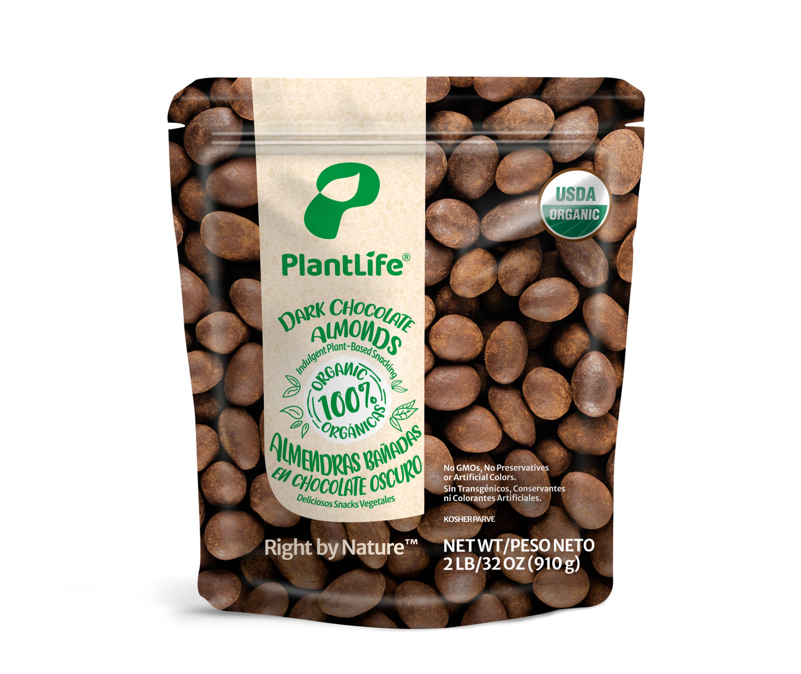 PlantLife Organic Vegan Chocolate Almonds 2lbs – With Unpasteurized Organic Sicilian Almonds & Plant-Based Chocolate, Non-GMO & Certified USDA Organic