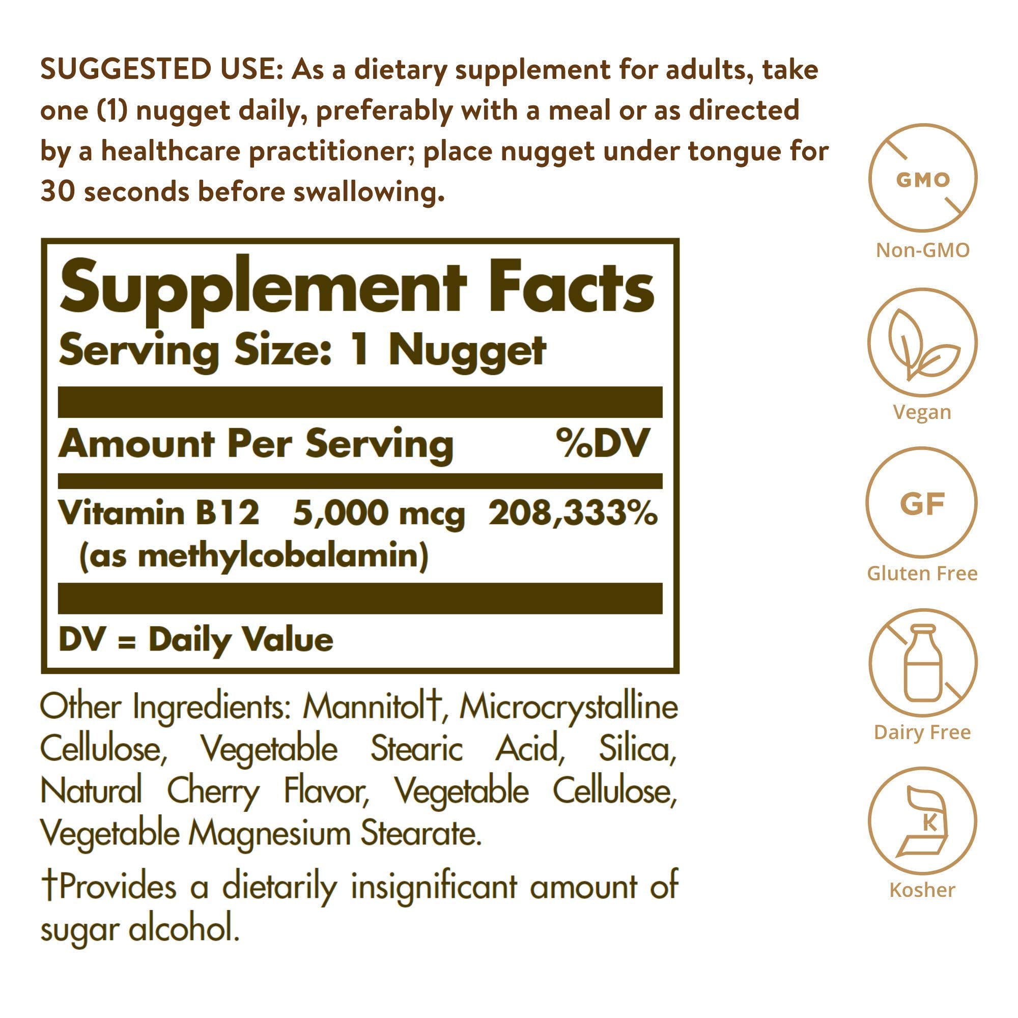 Solgar Methylcobalamin Vitamin B12 5000 mcg Nuggets - Supports Energy, Active B12 Form, Non-GMO, Vegan, Gluten & Dairy Free - 60 Count