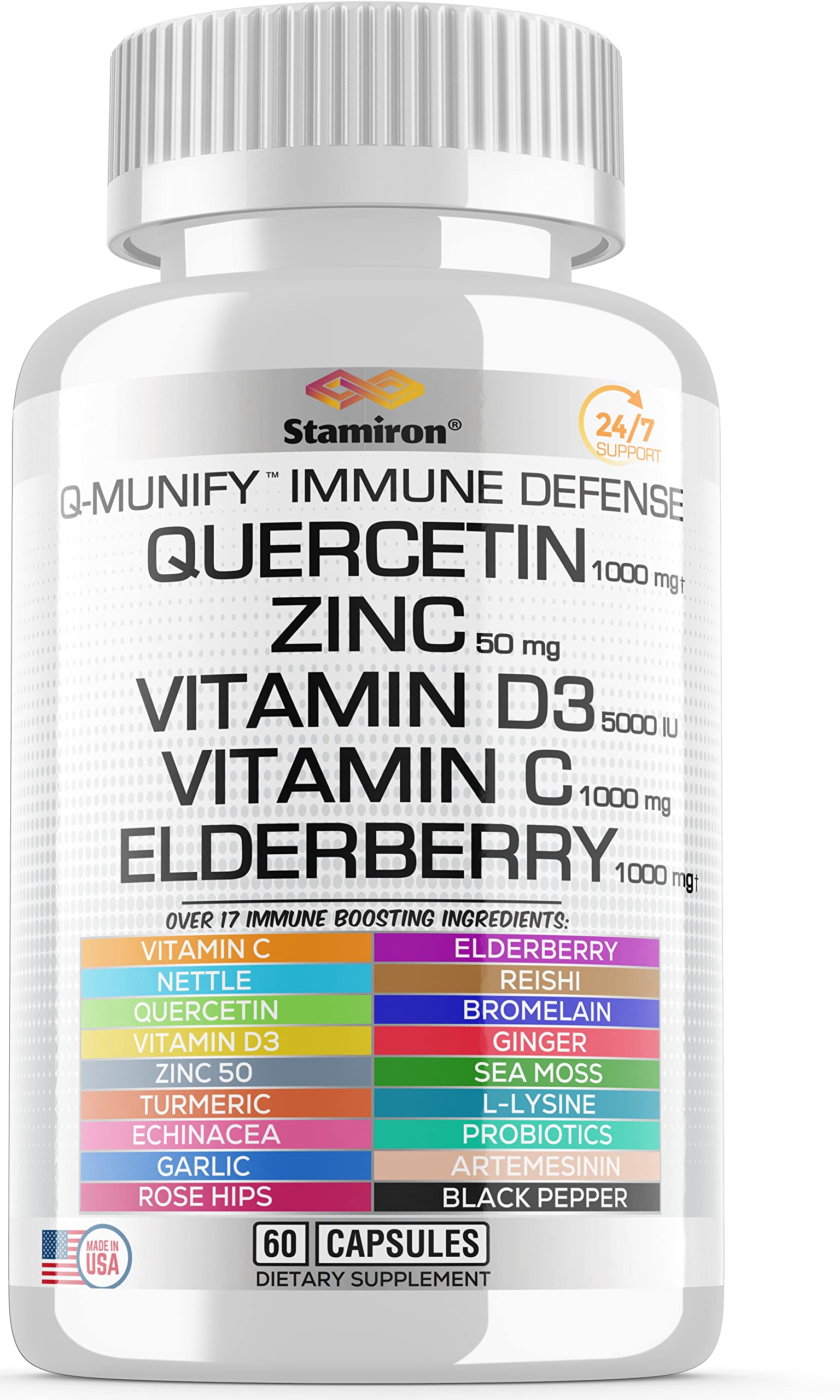 Stamiron Quercetin 1000mg Zinc 50mg Vitamin C 1000mg Supplement Immune Support Defense w Vit D3 5000IU Elderberry Echinacea Artemisinin Turmeric Ginger Quercitin Bromelain Garlic Nettle -USA Made 60ct