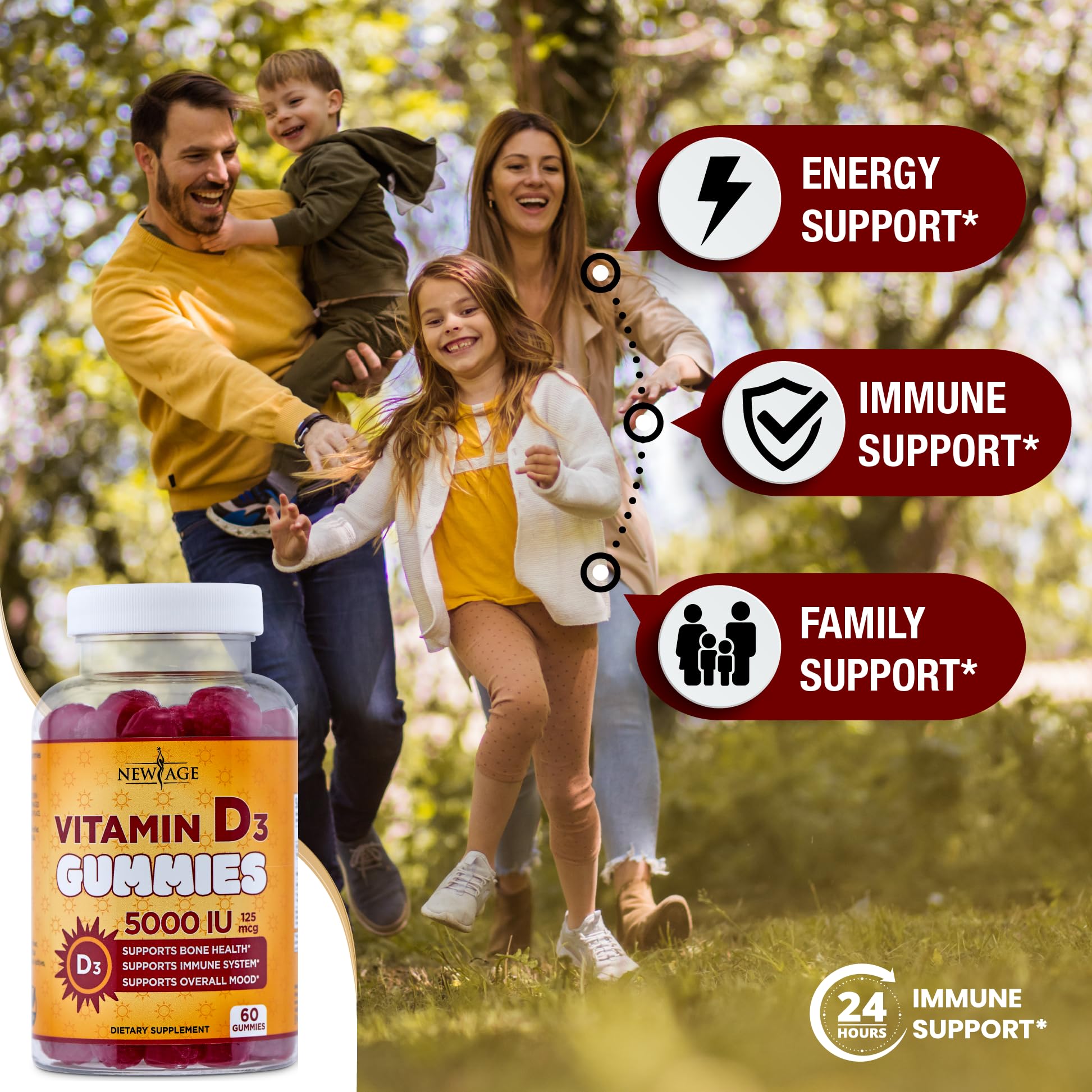 NEW AGE Vitamin D3 5000 IU 125mcg Gummies - Support Immune Support, Strong Bone Health - Non-GMO, Gluten-Free, Dairy-Free, No Gelatin (120 Gummies (Pack of 2))