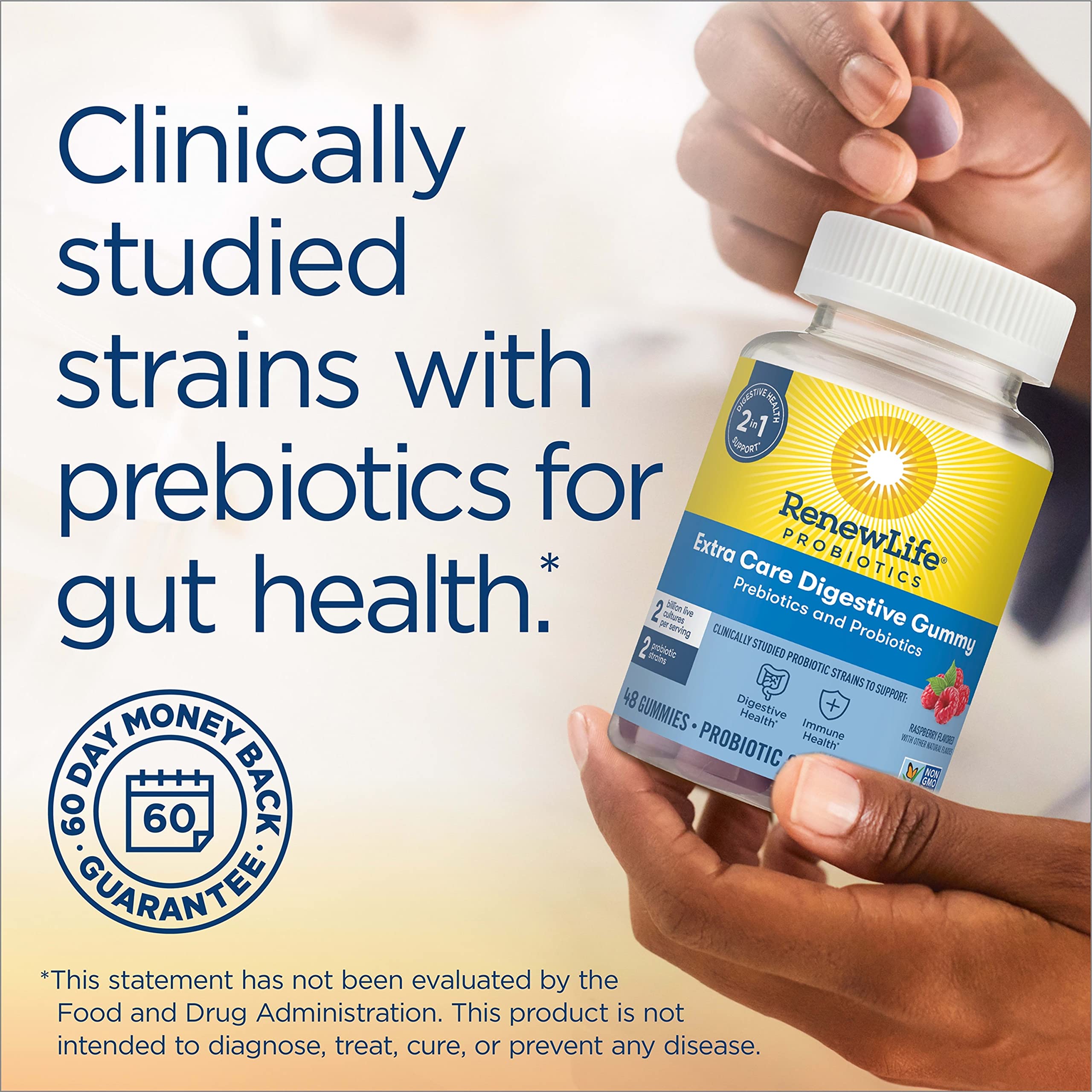 Renew Life Probiotic Gummies, Extra Care Digestive & Immune Support, with Prebiotics and Probiotics, 2 Billion CFU, Vegan & Gluten Free, 48 Gummies