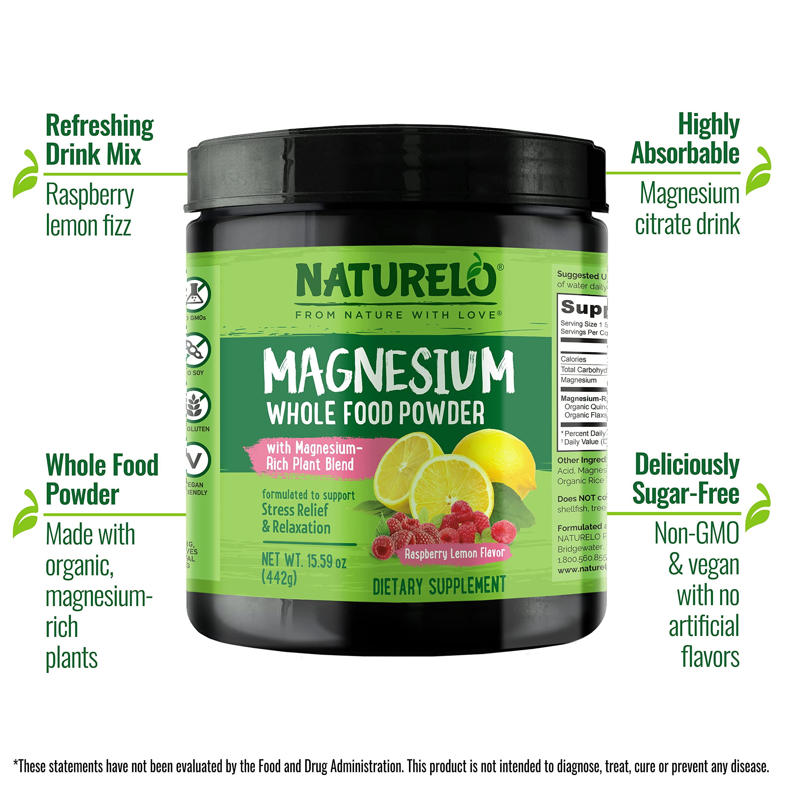 NATURELO Whole Food Magnesium Powder - Supports Stress Relief, Relaxation, Raspberry Lemon Flavor - 85 Servings | 15 oz