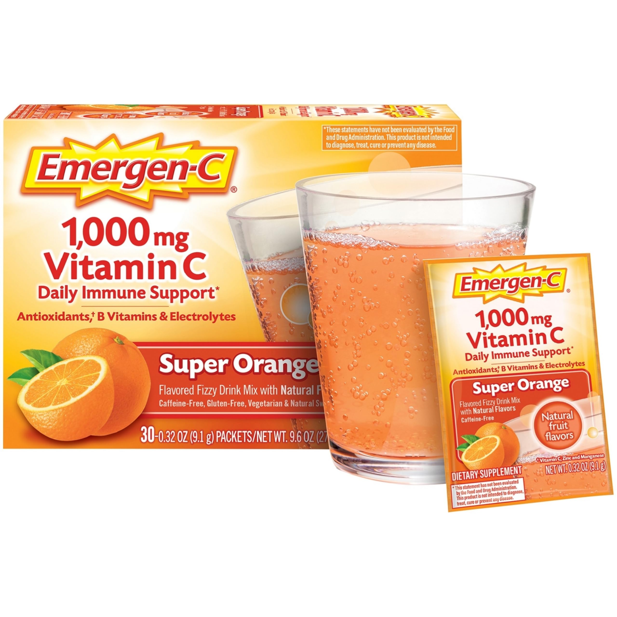 Emergen-C 1000mg Vitamin C Powder for Daily Immune Support Caffeine Free Vitamin C Supplements with Zinc and Manganese, B Vitamins and Electrolytes, Super Orange Flavor - 90 Count/3 Month Supply