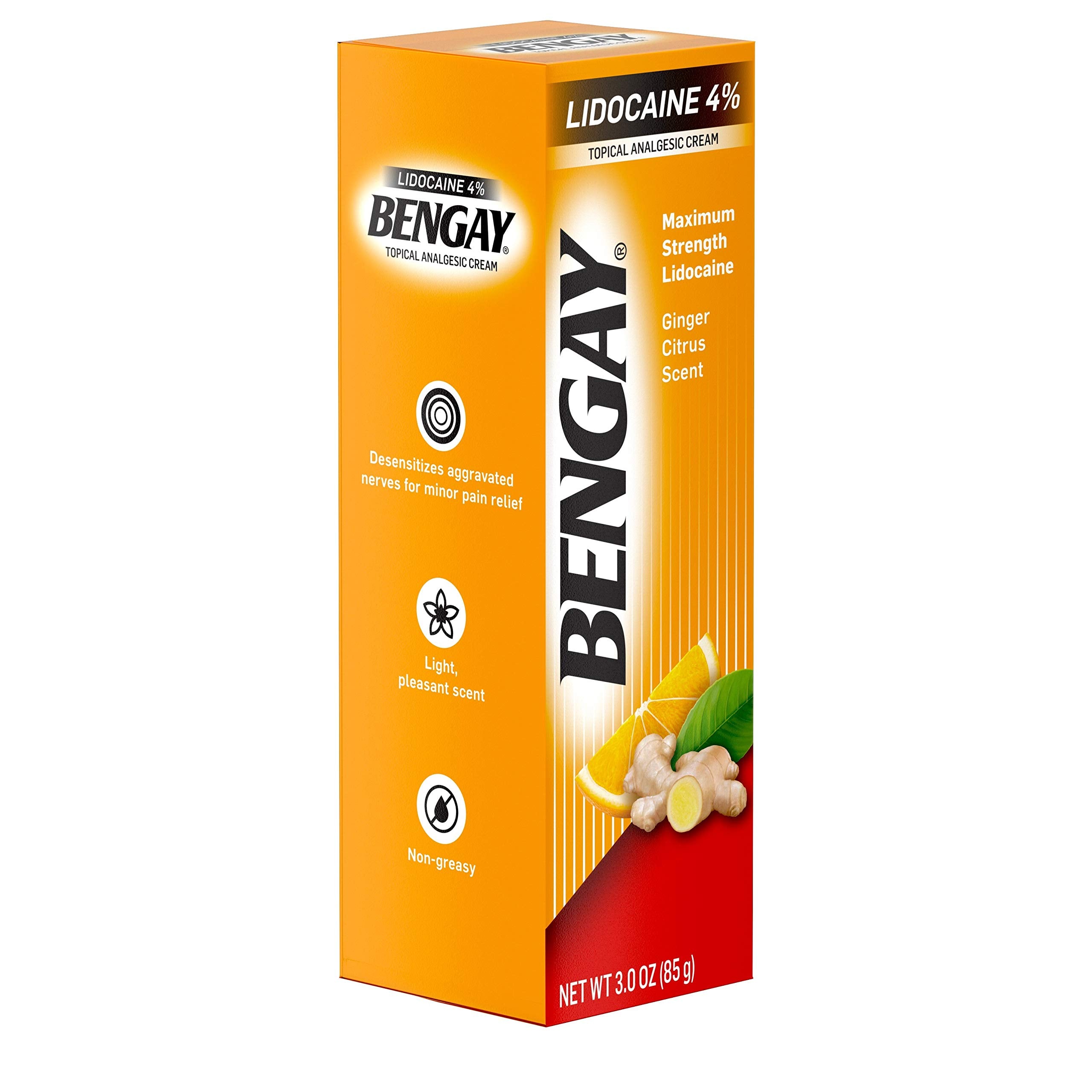 Bengay Pain Relieving Lidocaine Cream, Non-Greasy Topical Analgesic Cream with The Maximum Strength Numbing Relief of 4% Lidocaine HCl, Pleasant and Soothing Ginger Citrus Scent, 3 oz