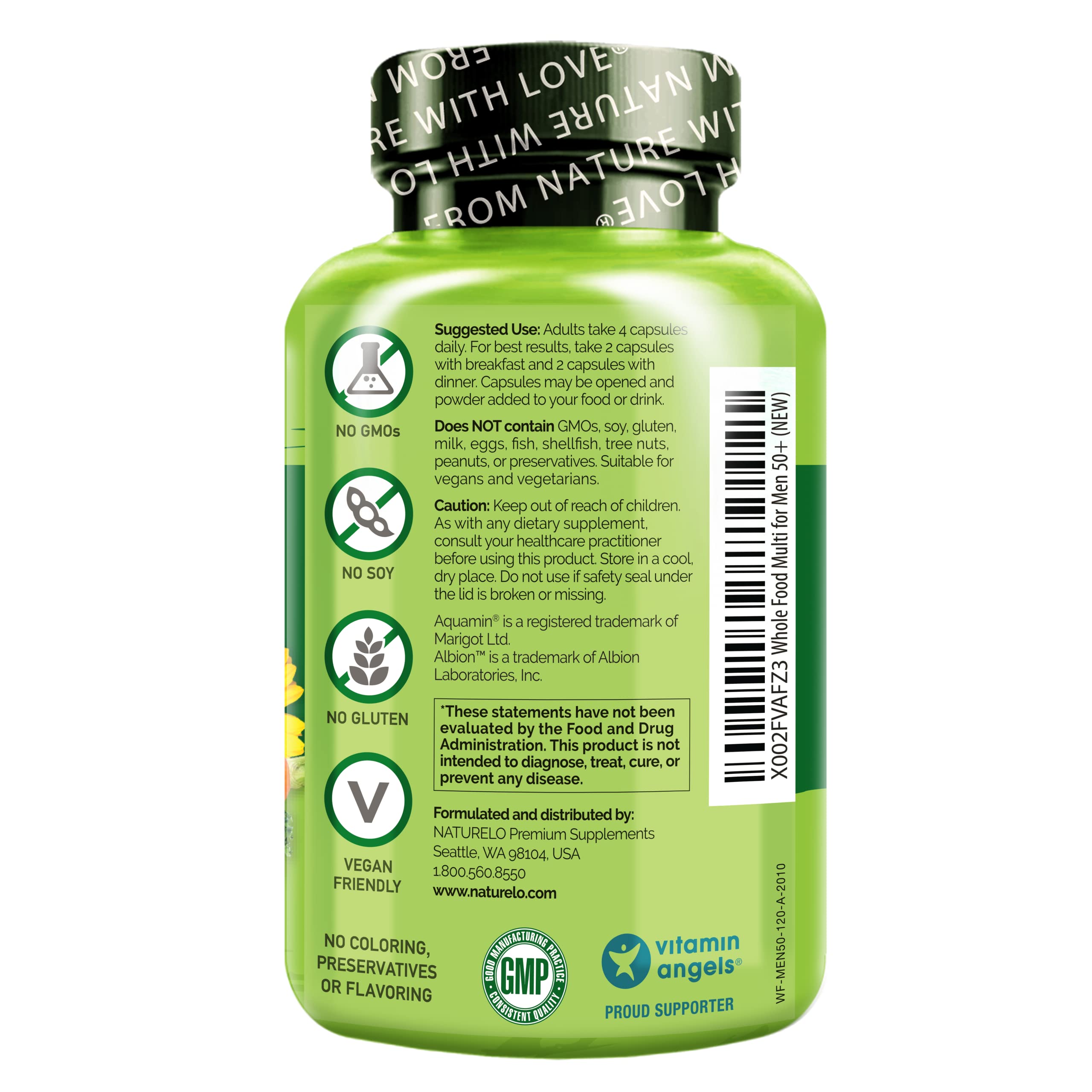 NATURELO Whole Food Multivitamin for Men 50+ - with Vitamins, Minerals, Organic Herbal Extracts - Vegan Vegetarian - for Energy, Brain, Heart and Eye Health - 120 Capsules