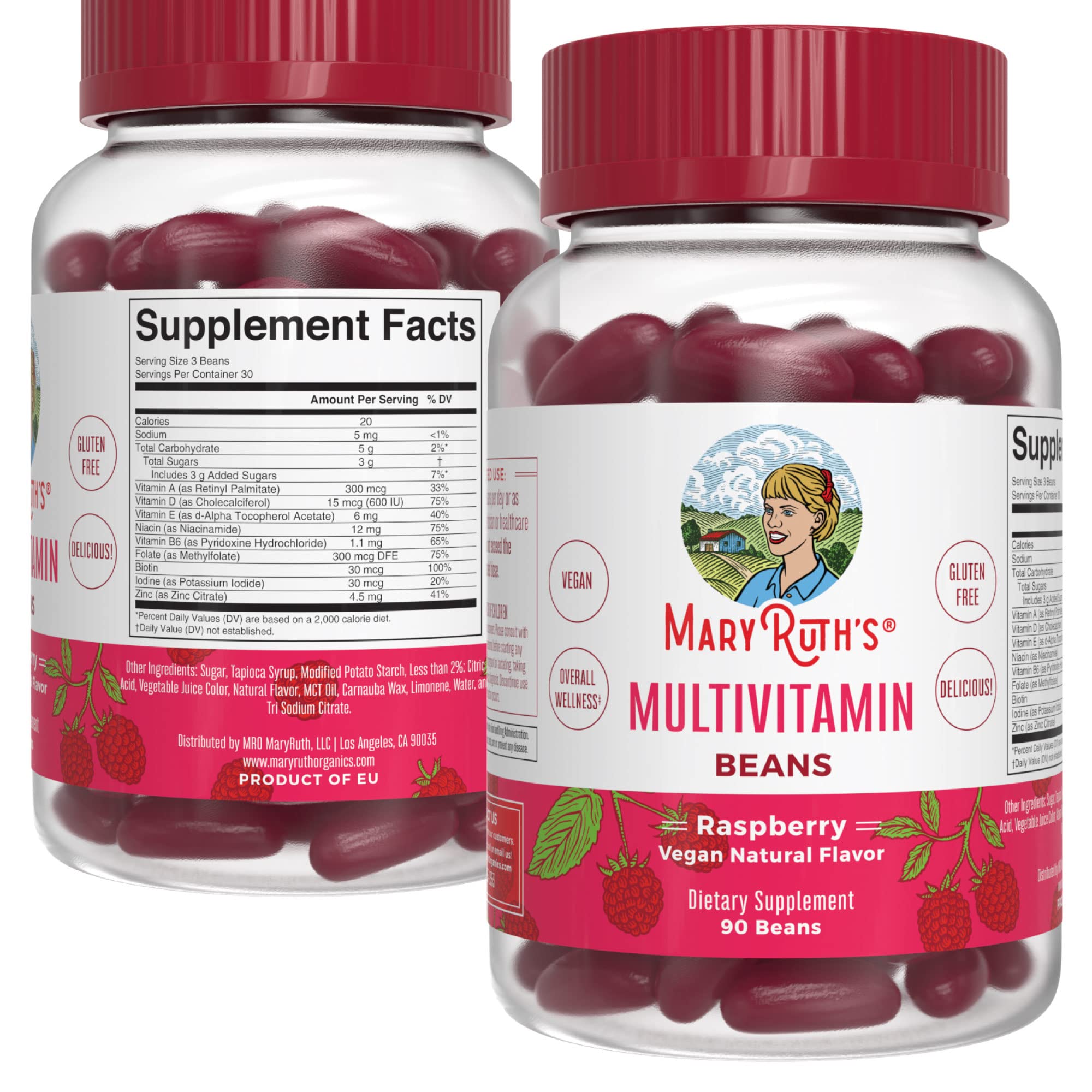 MaryRuth's Multivitamin Multimineral Vita-Beans for Women & Men | Vegan Chewable Vitamins for Ages 14+ | Immune Support, Bone Health | Raspberry Flavor | 90 Count