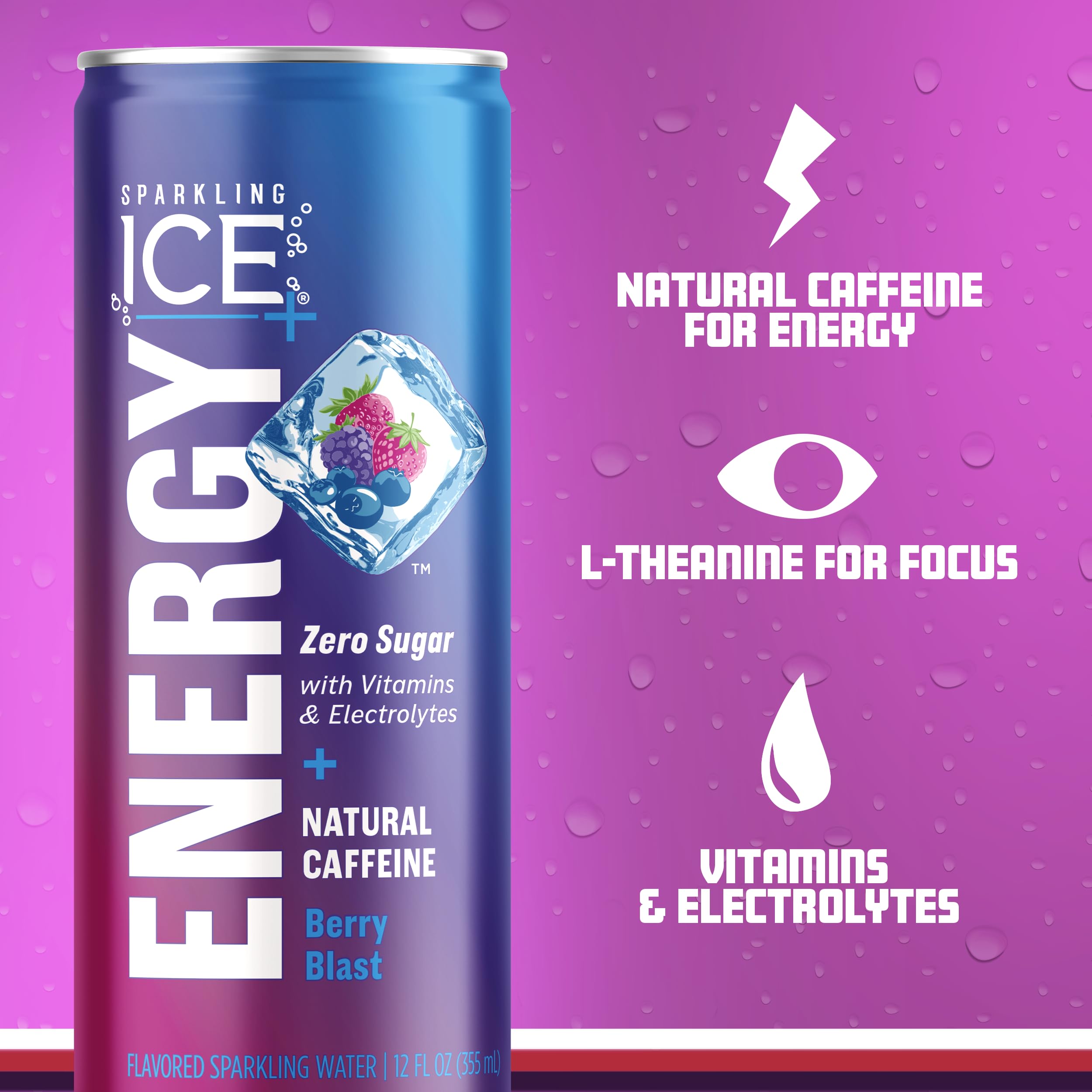 Sparkling Ice +ENERGY Berry Blast Sparkling Water. Energy drinks with Vitamins & Electrolytes, Zero Sugar, 12 fl oz Cans (Pack of 12)