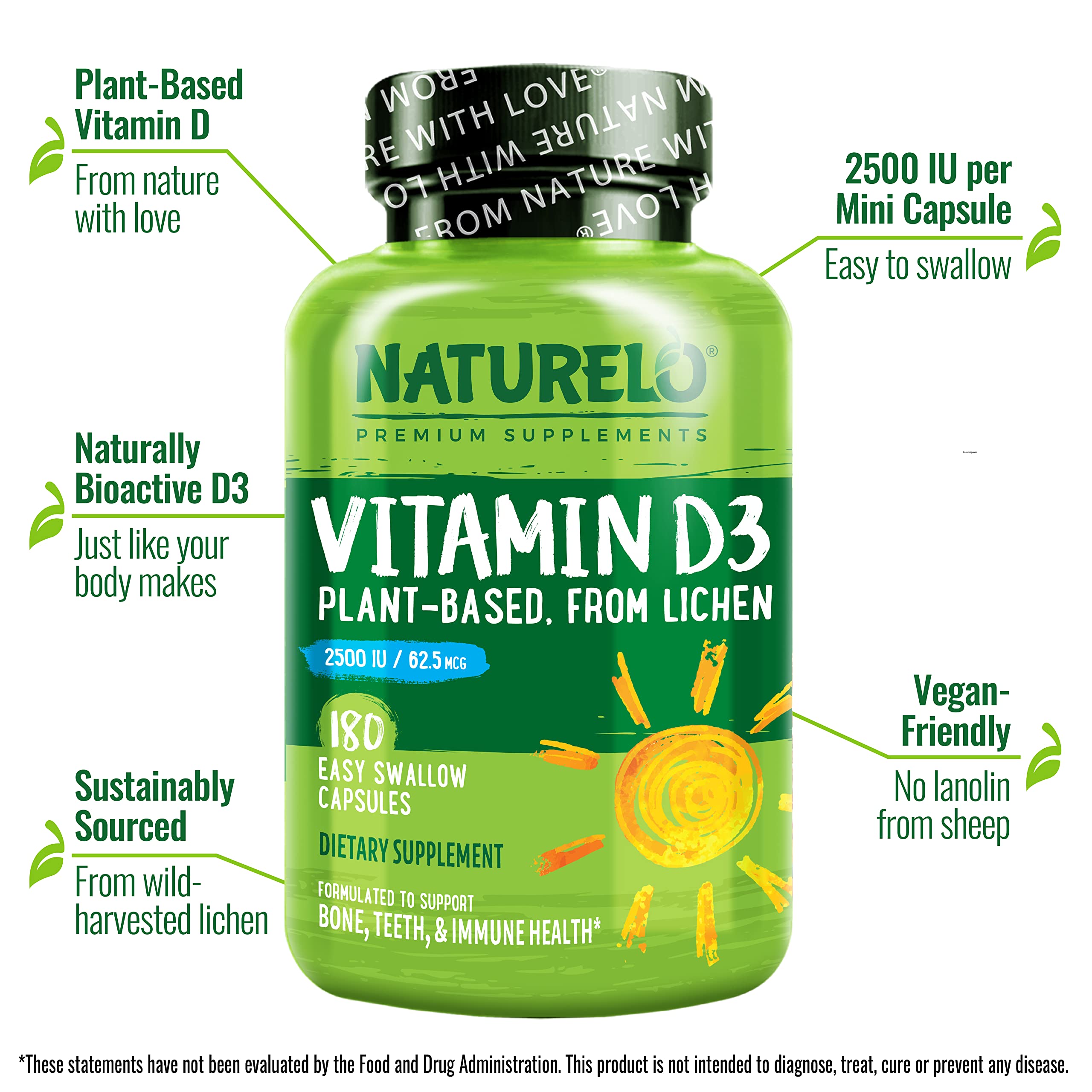 NATURELO Vitamin D - 2500 IU - Plant Based from Lichen - Natural D3 Supplement for Immune System, Bone Support, Joint Health - Vegan - Non-GMO - Gluten Free - 180 Mini Capsules