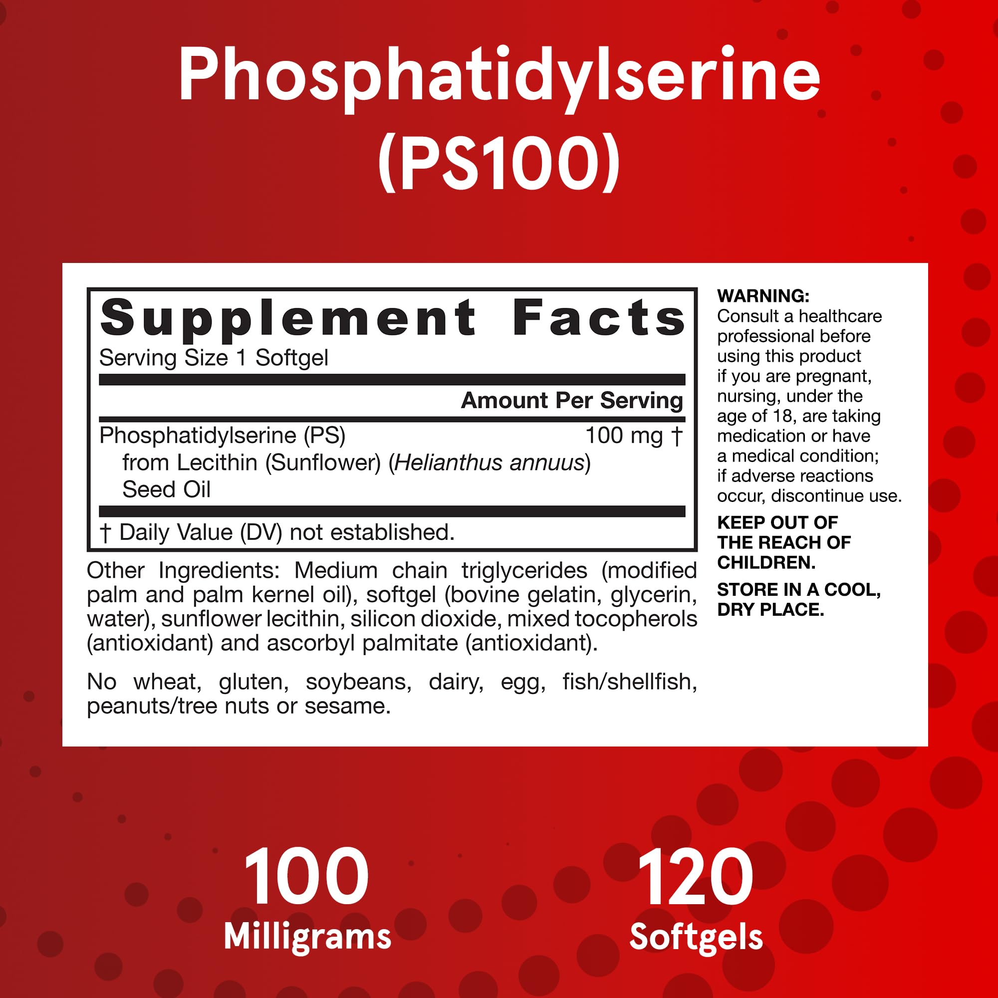 Jarrow Formulas PS100 Phosphatidylserine 100 mg, Dietary Supplement for Brain Health and Cognition Support, 120 Softgels, 40-120 Day Supply