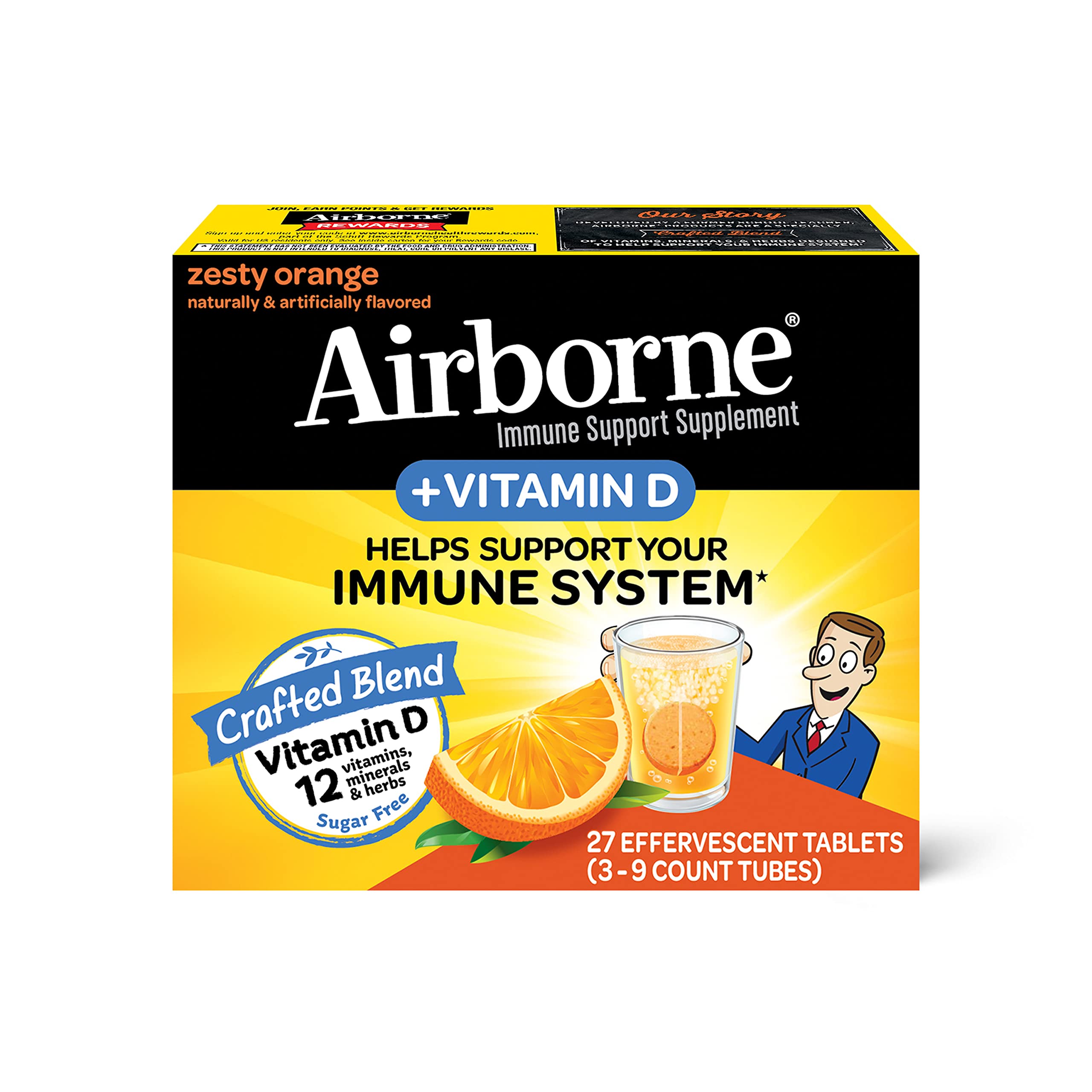 Airborne 750mg Vitamin C with Zinc Effervescent Tablets, Immune Support Supplement with Powerful Antioxidants Vitamins A C D3 & E - 27 Fizzy Drink Tablets, Zesty Orange Flavor