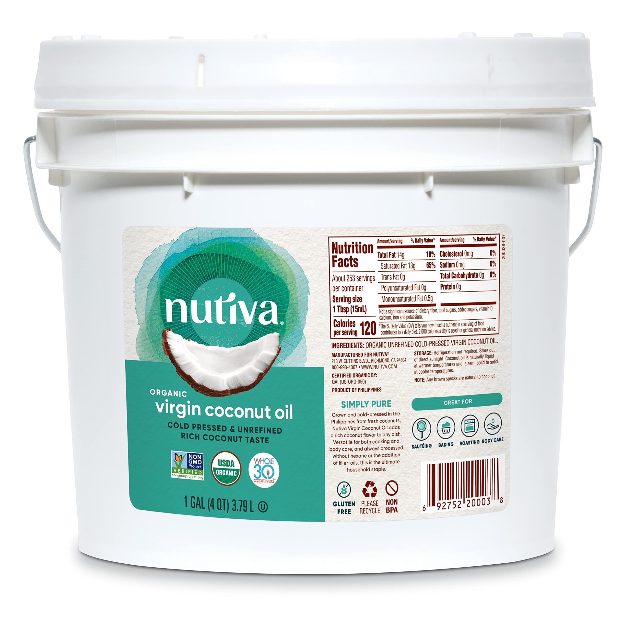 Nutiva Organic Cold-Pressed Virgin Coconut Oil, 1 Gallon, USDA Organic, Non-GMO, Whole 30 Approved, Vegan, Keto, Fresh Flavor and Aroma for Cooking & Healthy Skin and Hair