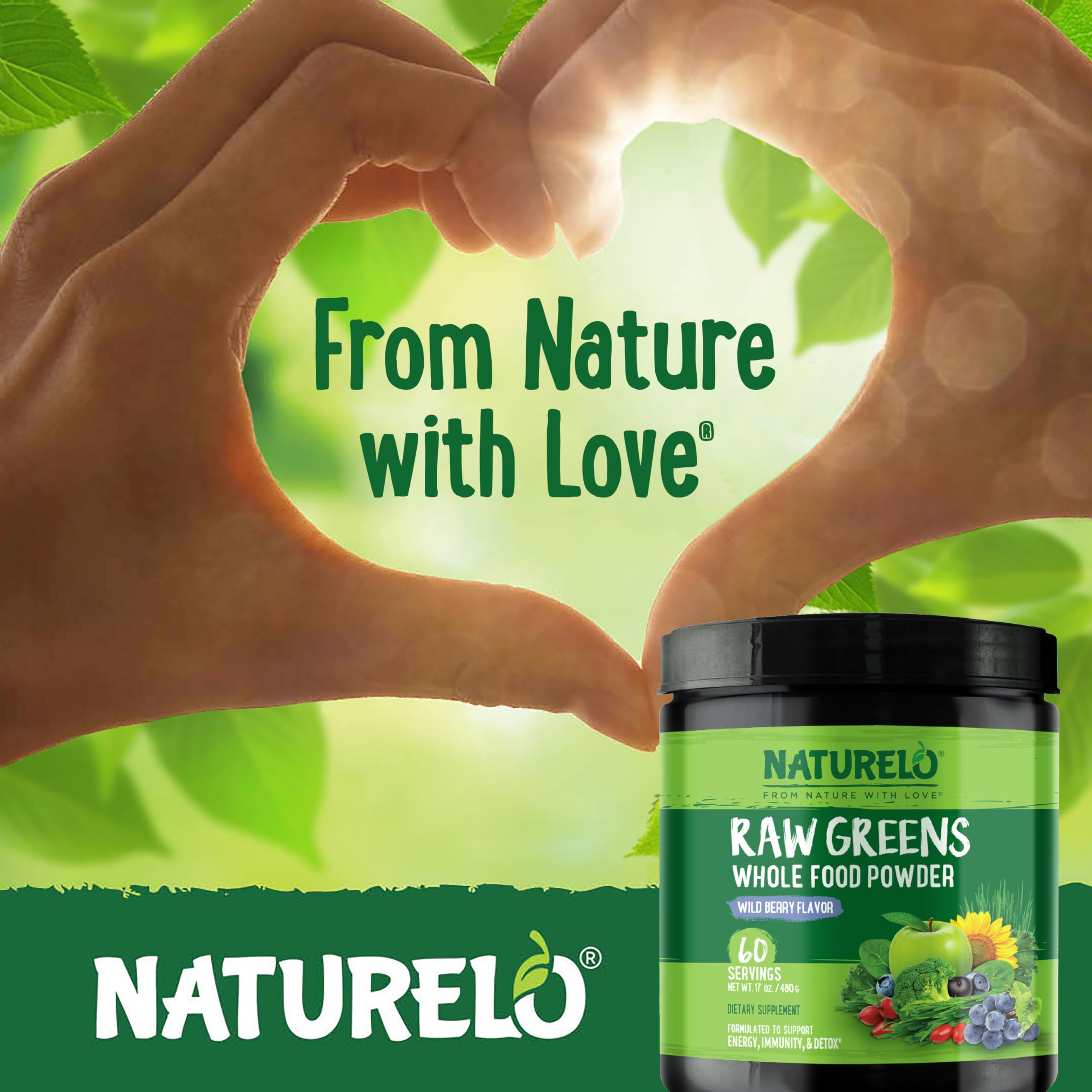 NATURELO Raw Greens Superfood Powder - Wild Berry Flavor - Boost Energy, Detox, Enhance Health - Organic Spirulina - Wheat Grass - Whole Food Nutrition from Fruits & Vegetables - 60 Servings