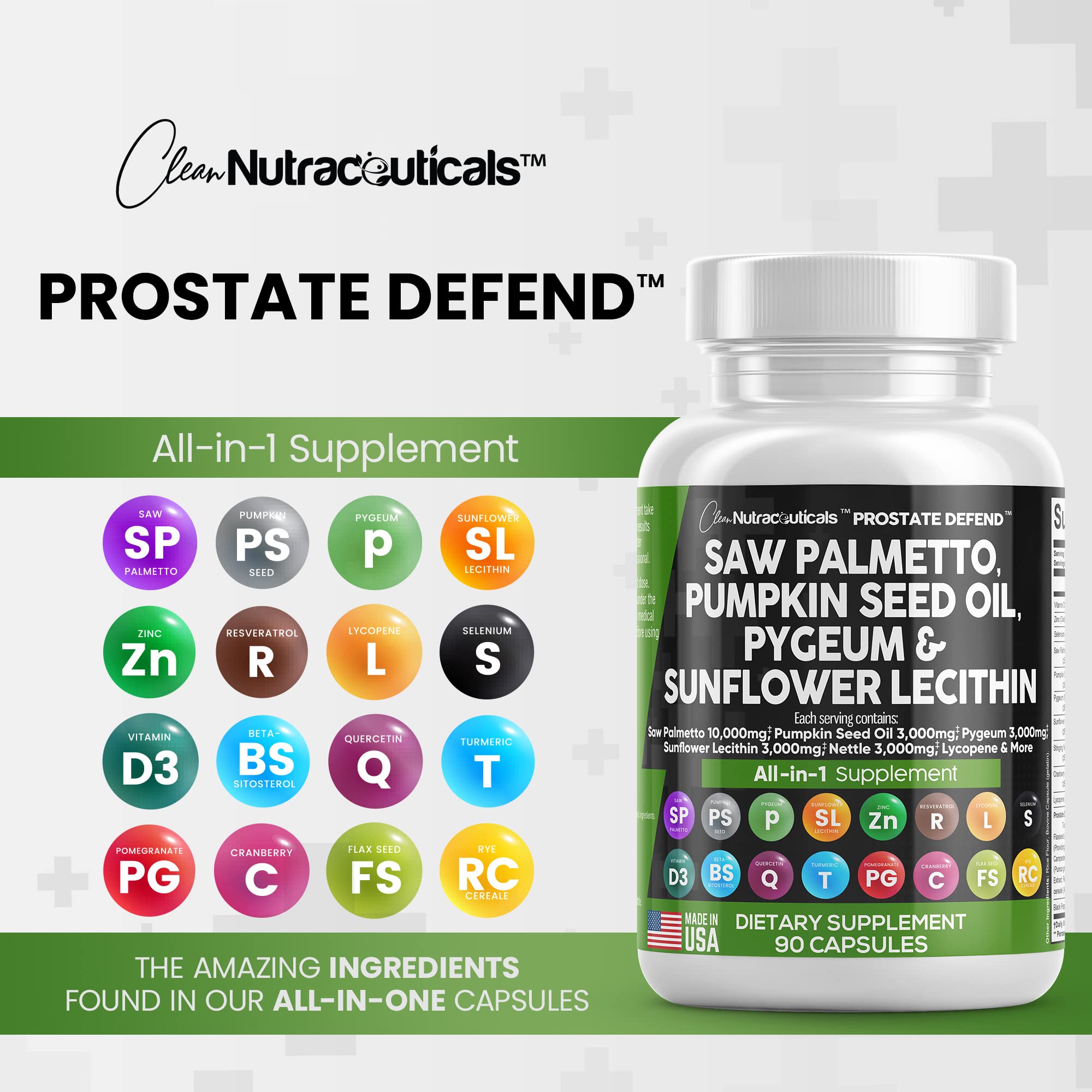 Clean Nutraceuticals Saw Palmetto 10000mg Pumpkin Seed Oil 3000mg Pygeum Sunflower Lecithin Stinging Nettle Cranberry - Prostate Supplements for Men with Lycopene Made in USA 90 Caps