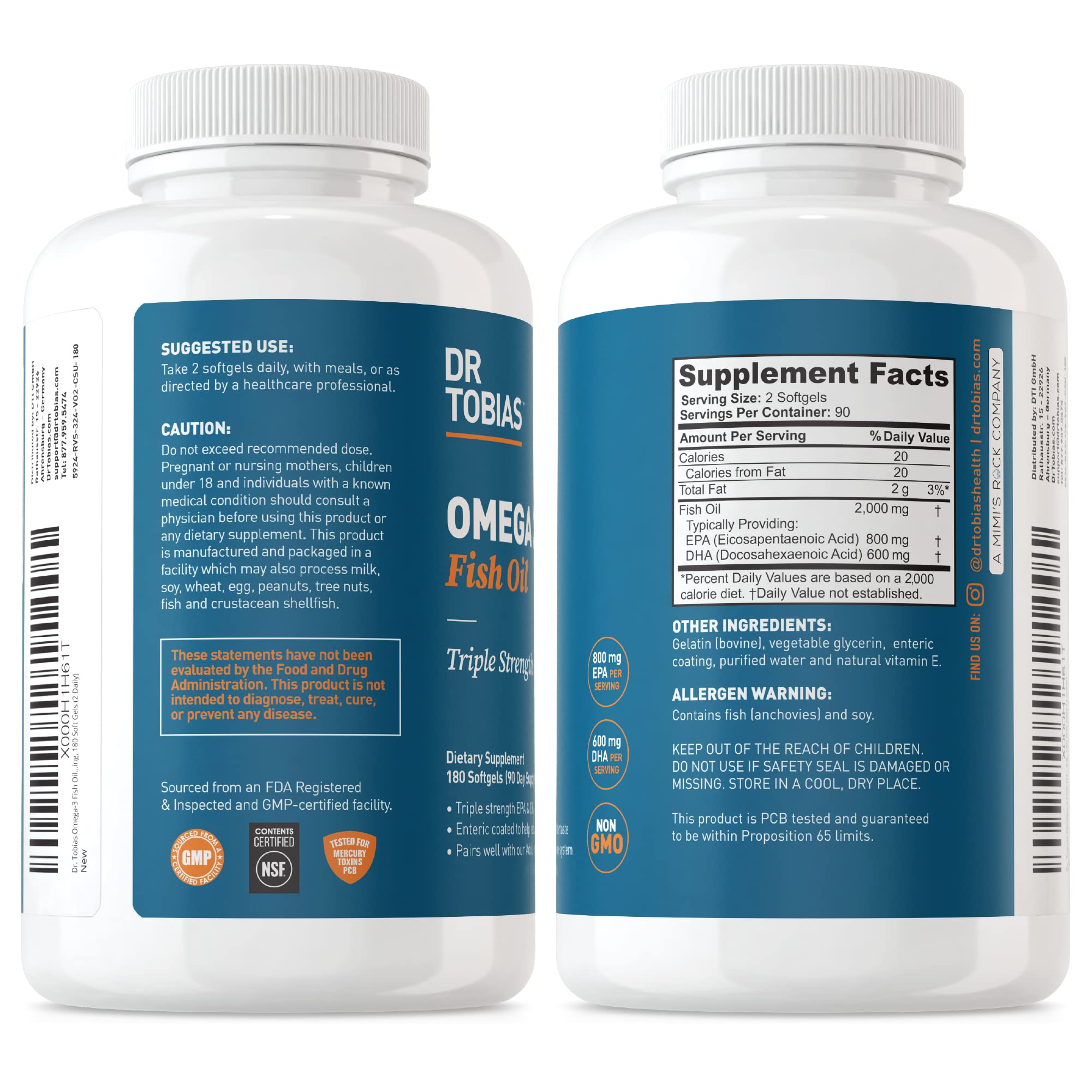 Dr. Tobias Omega-3 Fish Oil, Triple Strength, Supports Brain & Heart Health, 2000 mg per Serving, 180 Soft Gels (2 Daily)