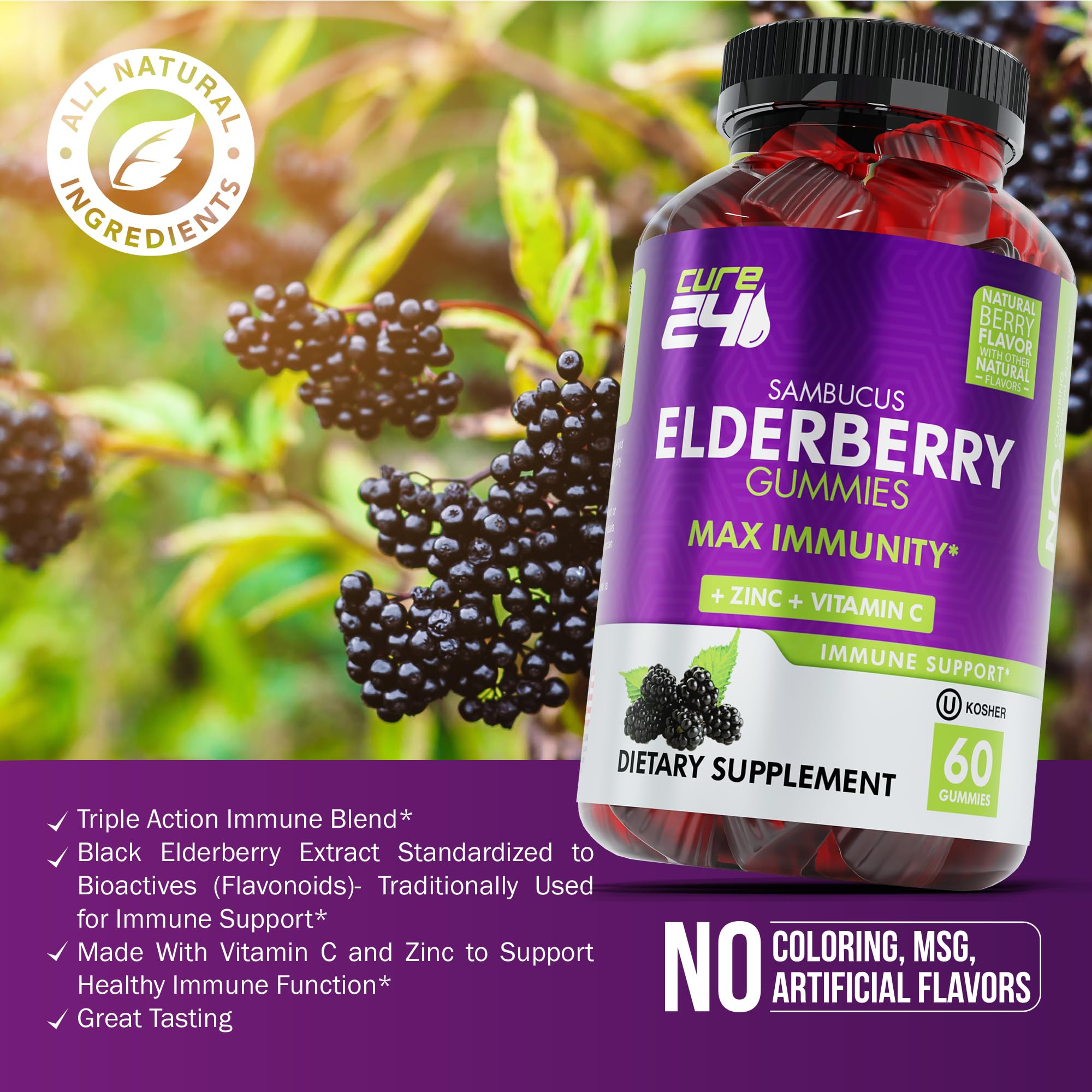 Cure24 Sambucus Elderberry Gummies for Adults & Kids, Black Elderberry Vitamin c and zinc Supplements, Triple Immune Support Supplement, 60 Chews, Made in USA