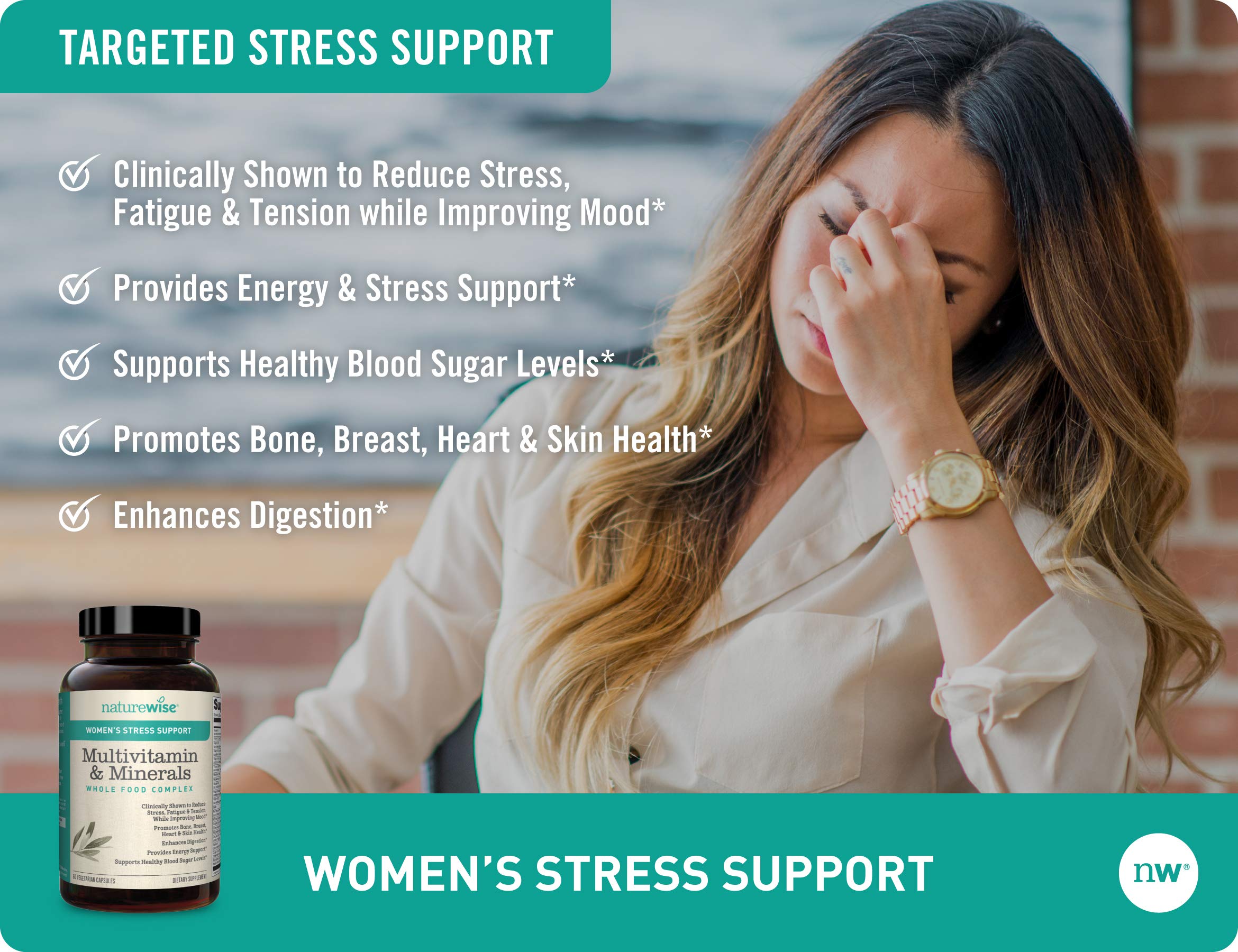 NatureWise Women’s Stress Support Multivitamin & Minerals Whole Food Complex with Sensoril Ashwagandha, Probiotics for Energy, Focus, Mood Balance (Packaging May Vary) (1 Month Supply – 60 Capsule)