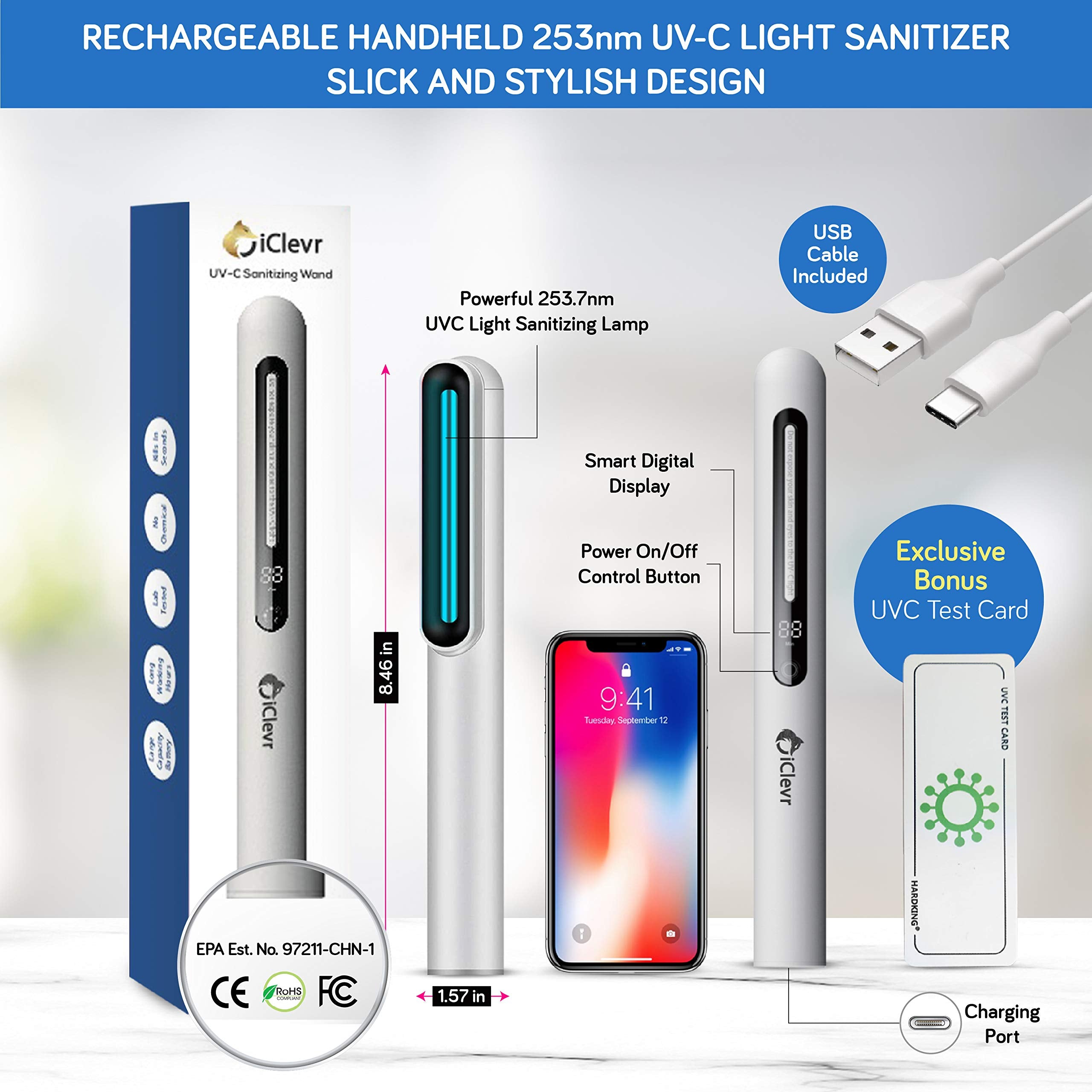 UV-C Light Sanitizer Wand - Powerful 253nm UV Sterilizer Rechargeable Handheld Ultraviolet Portable 99.99% Disinfection for Home, Office, Travel - Total Transparency UVC Test Card Included