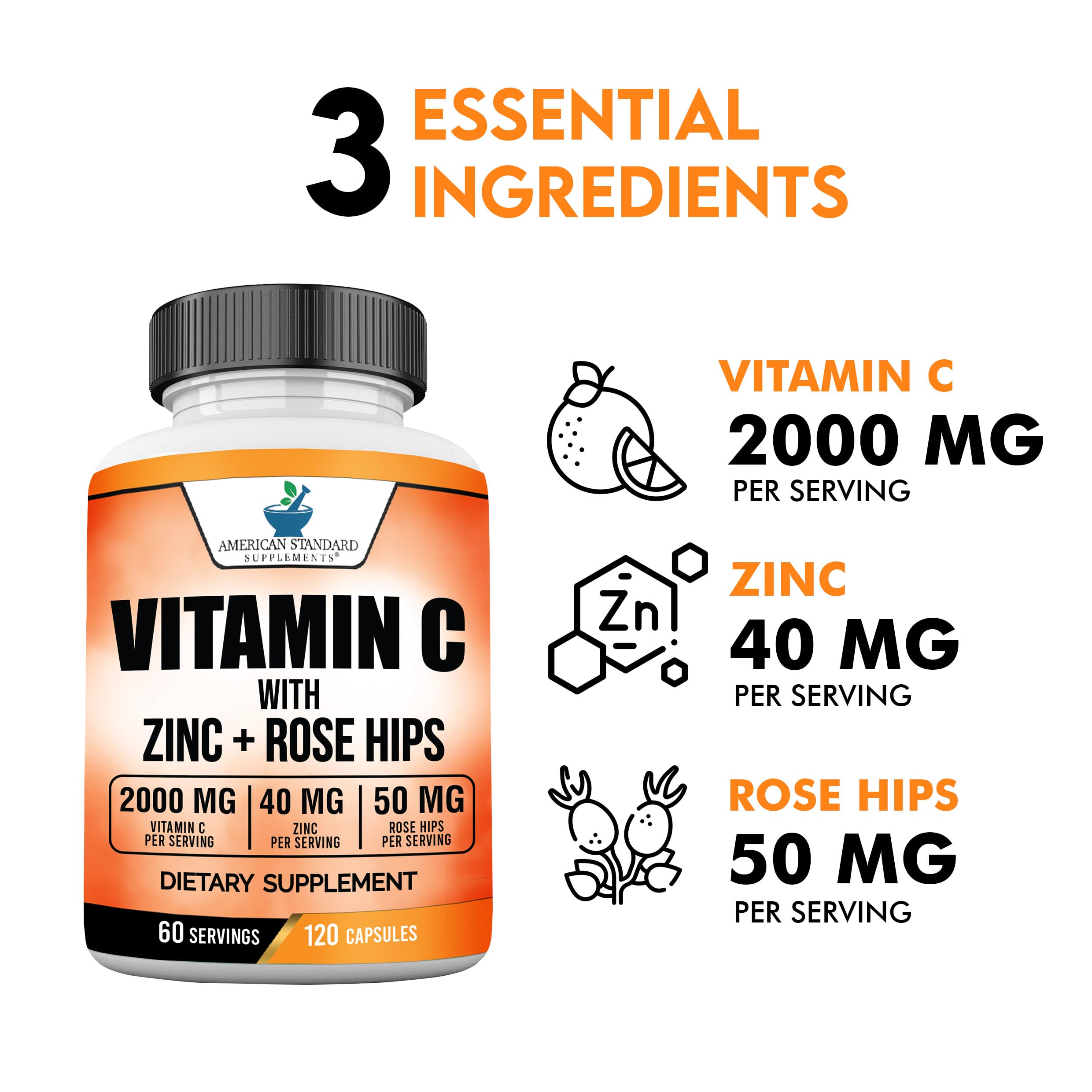 American Standard Supplements Vitamin C 2000mg, Zinc 40mg, and Rose HIPS 50mg Per Serving – Vegan, Gluten Free, Non-GMO, 120 Capsules, 60 Servings