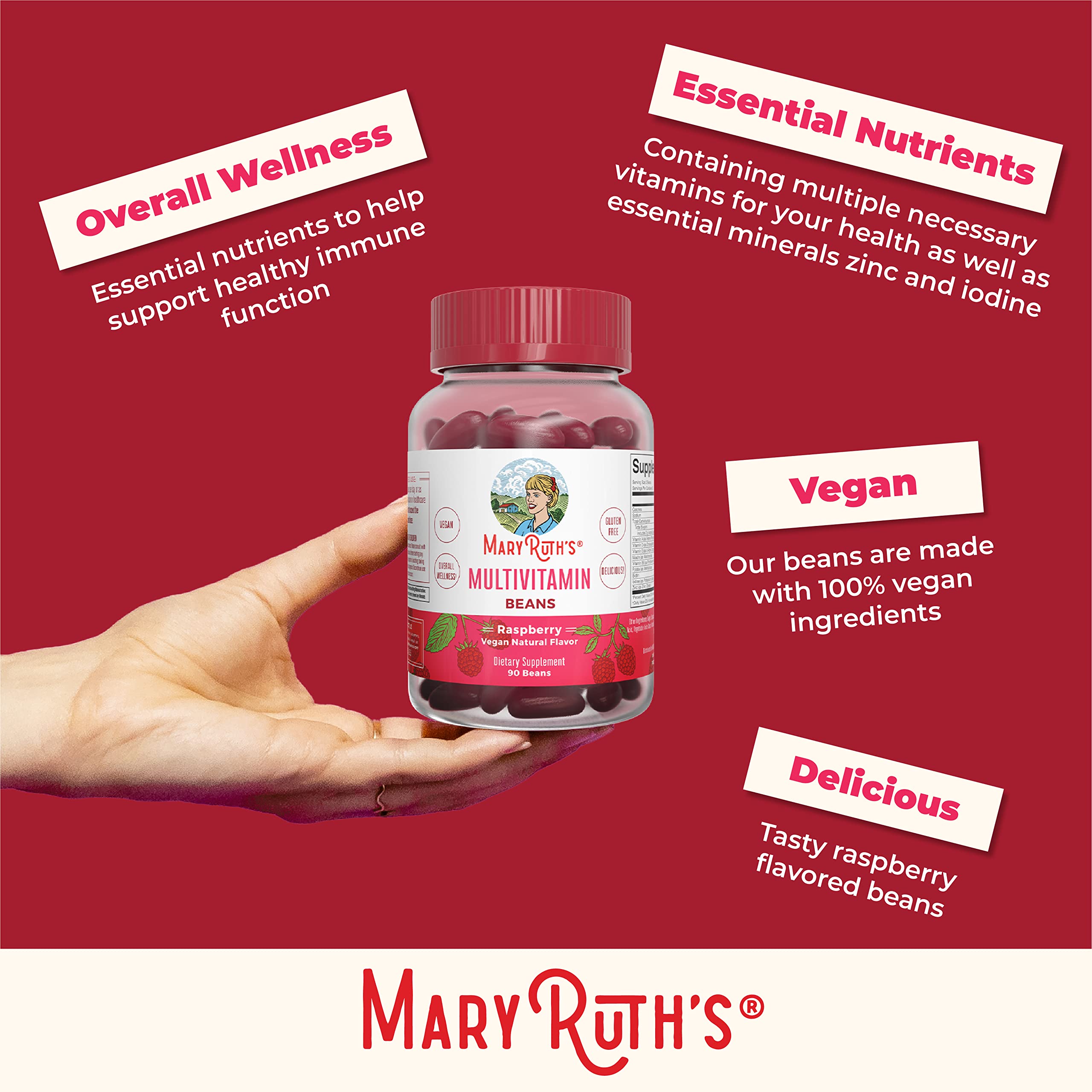 MaryRuth's Multivitamin Multimineral Vita-Beans for Women & Men | Vegan Chewable Vitamins for Ages 14+ | Immune Support, Bone Health | Raspberry Flavor | 90 Count