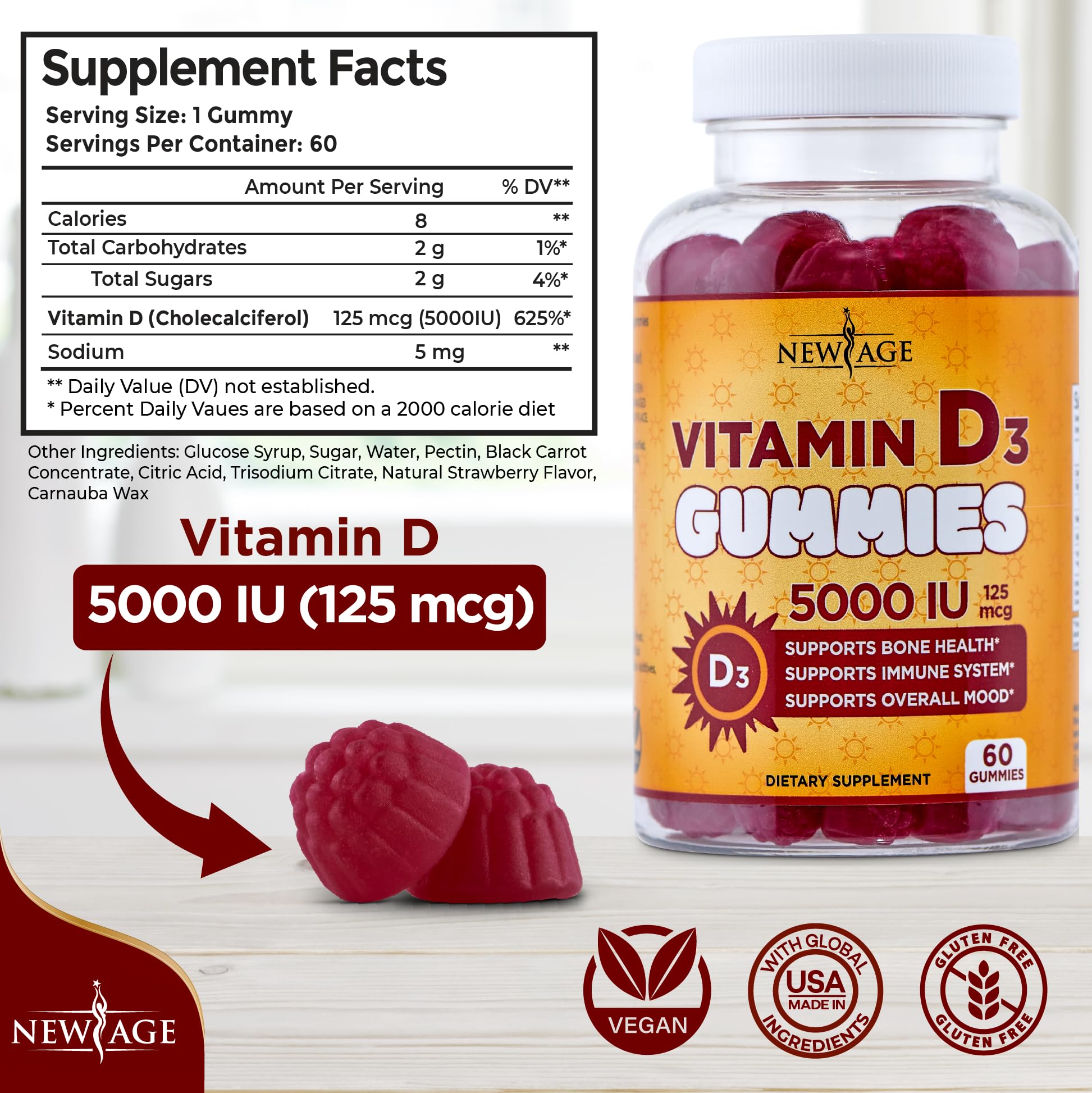 NEW AGE Vitamin D3 5000 IU 125mcg Gummies - Support Immune Support, Strong Bone Health - Non-GMO, Gluten-Free, Dairy-Free, No Gelatin (120 Gummies (Pack of 2))