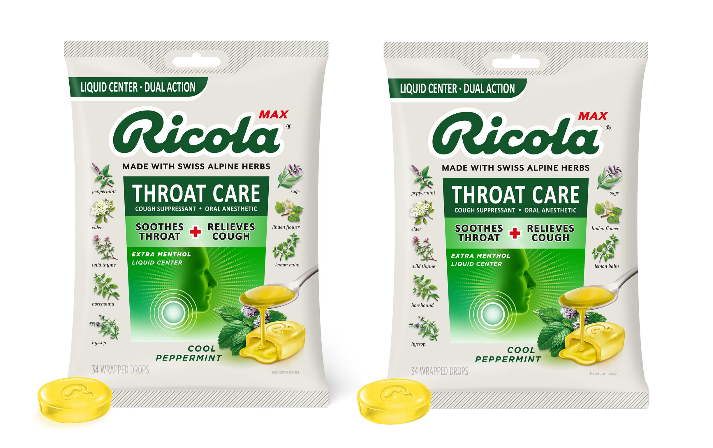 Ricola Max Throat Care Cool Peppermint Large Bags | Cough Suppressant Drops | Dual Action Liquid Center | Soothing Long-Lasting Relief - 34 Count (Pack of 2)