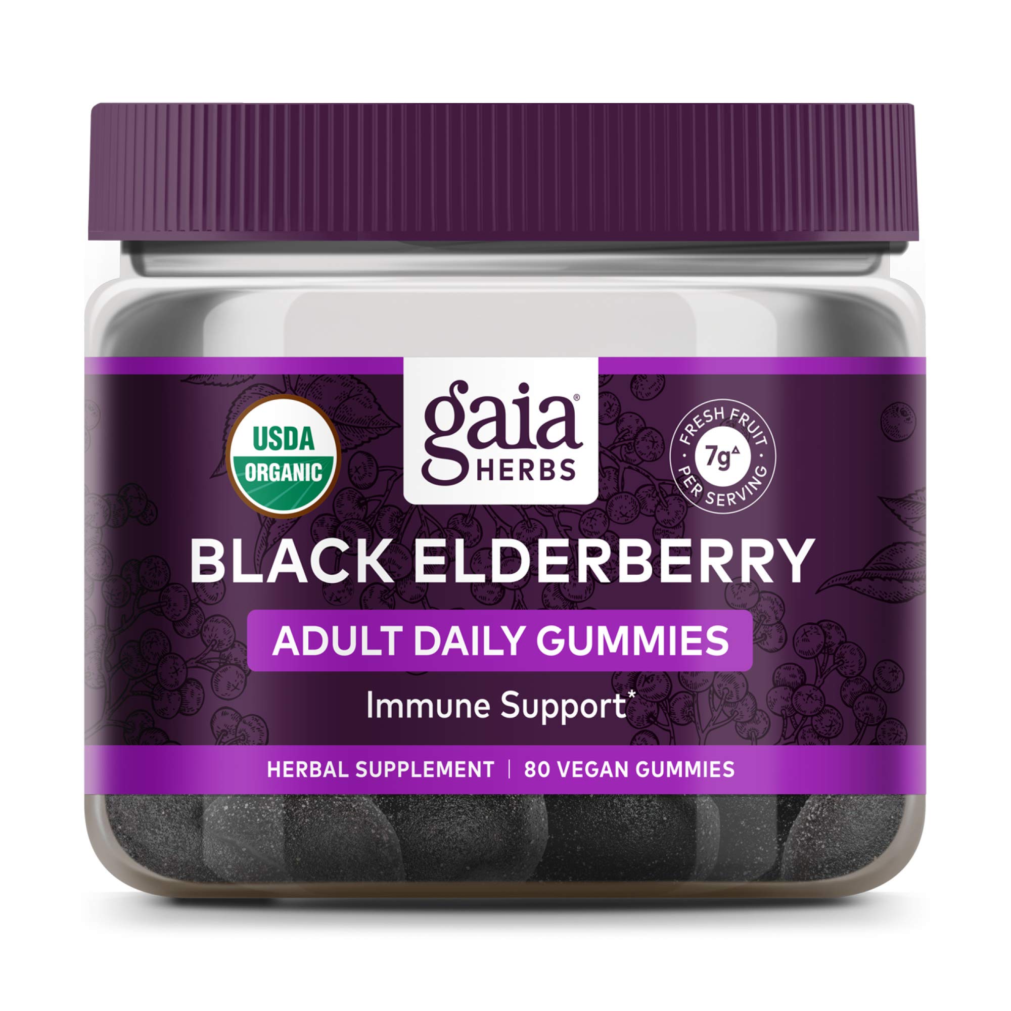 Gaia Herbs Black Elderberry Adult Daily Gummies - Immune Support Gummies with Black Elderberries - Elderberry Supplement to Aid Immune Health - Real Fruit Supplement - 80 Vegan Gummies