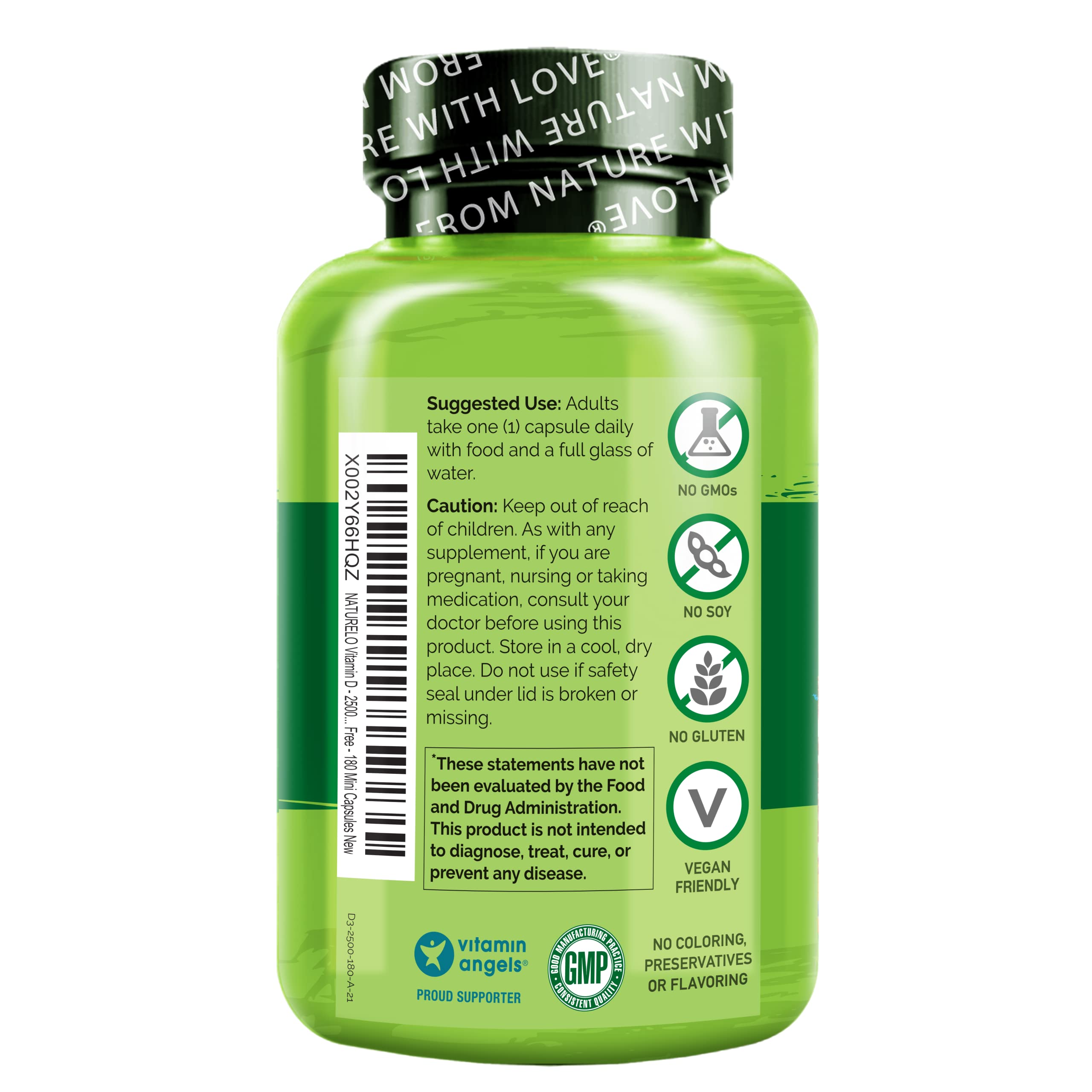 NATURELO Vitamin D - 2500 IU - Plant Based from Lichen - Natural D3 Supplement for Immune System, Bone Support, Joint Health - Vegan - Non-GMO - Gluten Free - 180 Mini Capsules