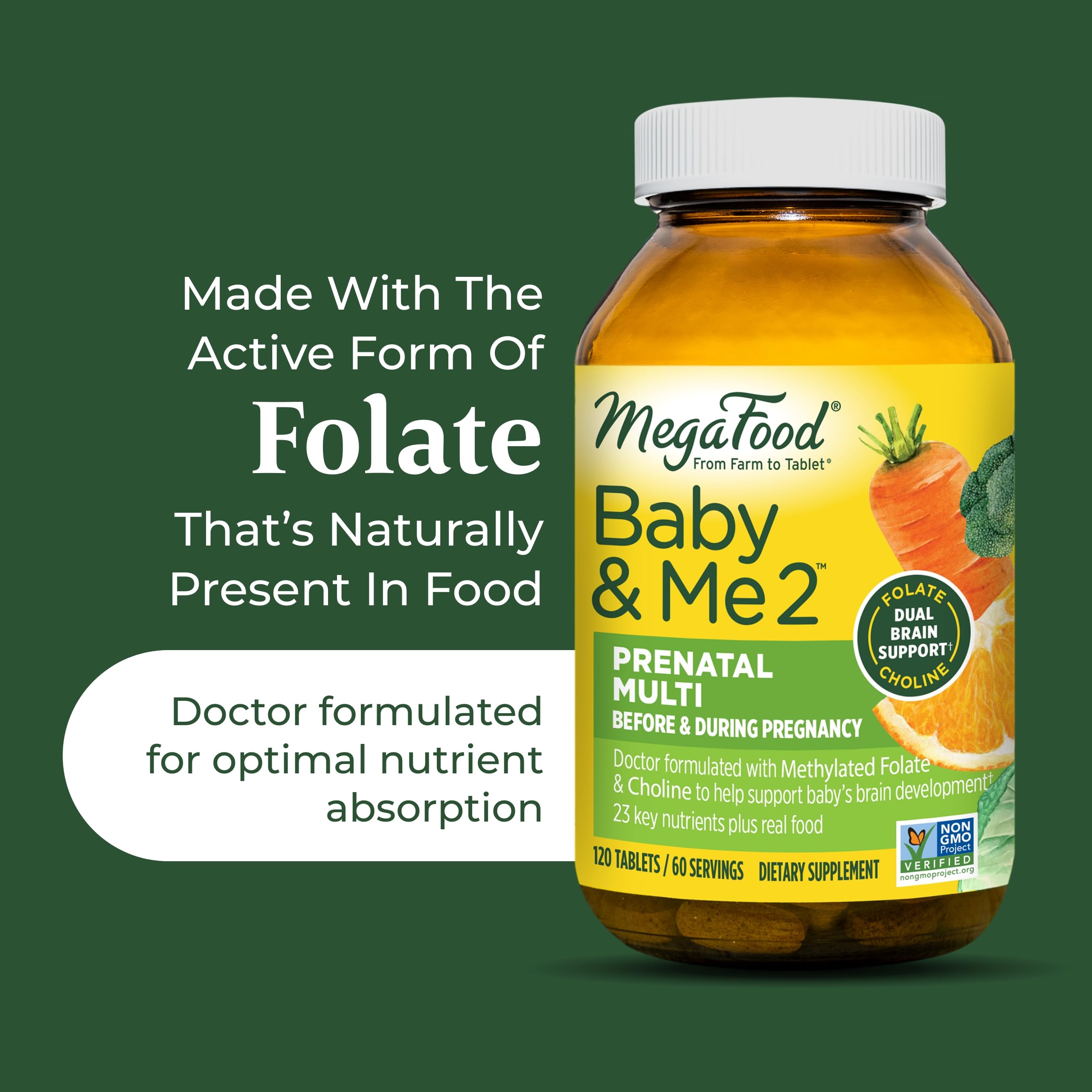 MegaFood Baby & Me 2 Prenatal Vitamin and Minerals - Vitamins for Women - with Folate (Folic Acid Natural Form), Choline, Iron, Iodine, and Vitamin C, Vitamin D and more - 60 Tabs (30 Servings)