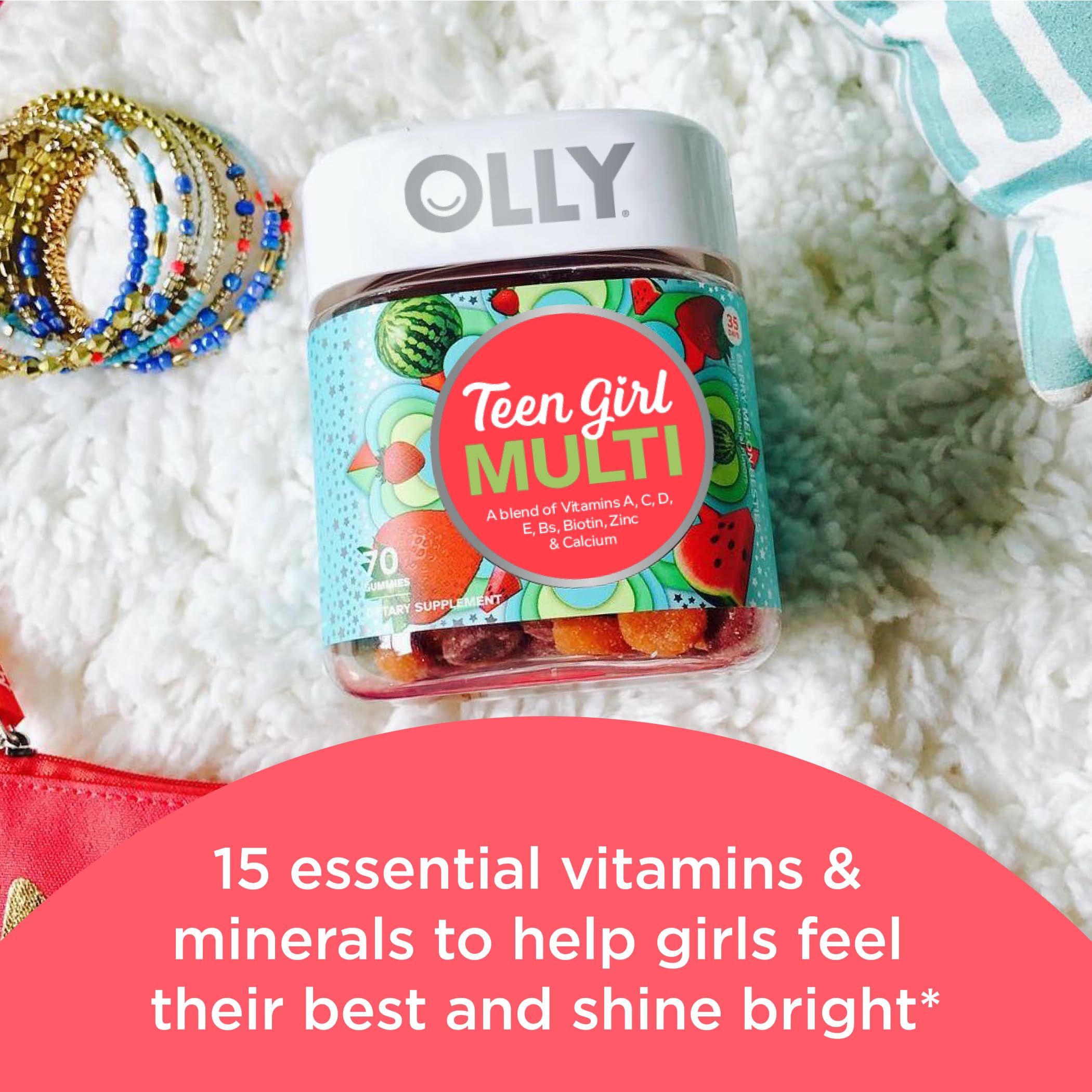 OLLY Teen Girl Multi Gummy, Healthy Skin and Immune Support, 15 Essential Vitamins, Biotin, Zinc, Calcium, Chewable Multivitamin, Berry Melon, 35 Day Supply - 70 Count