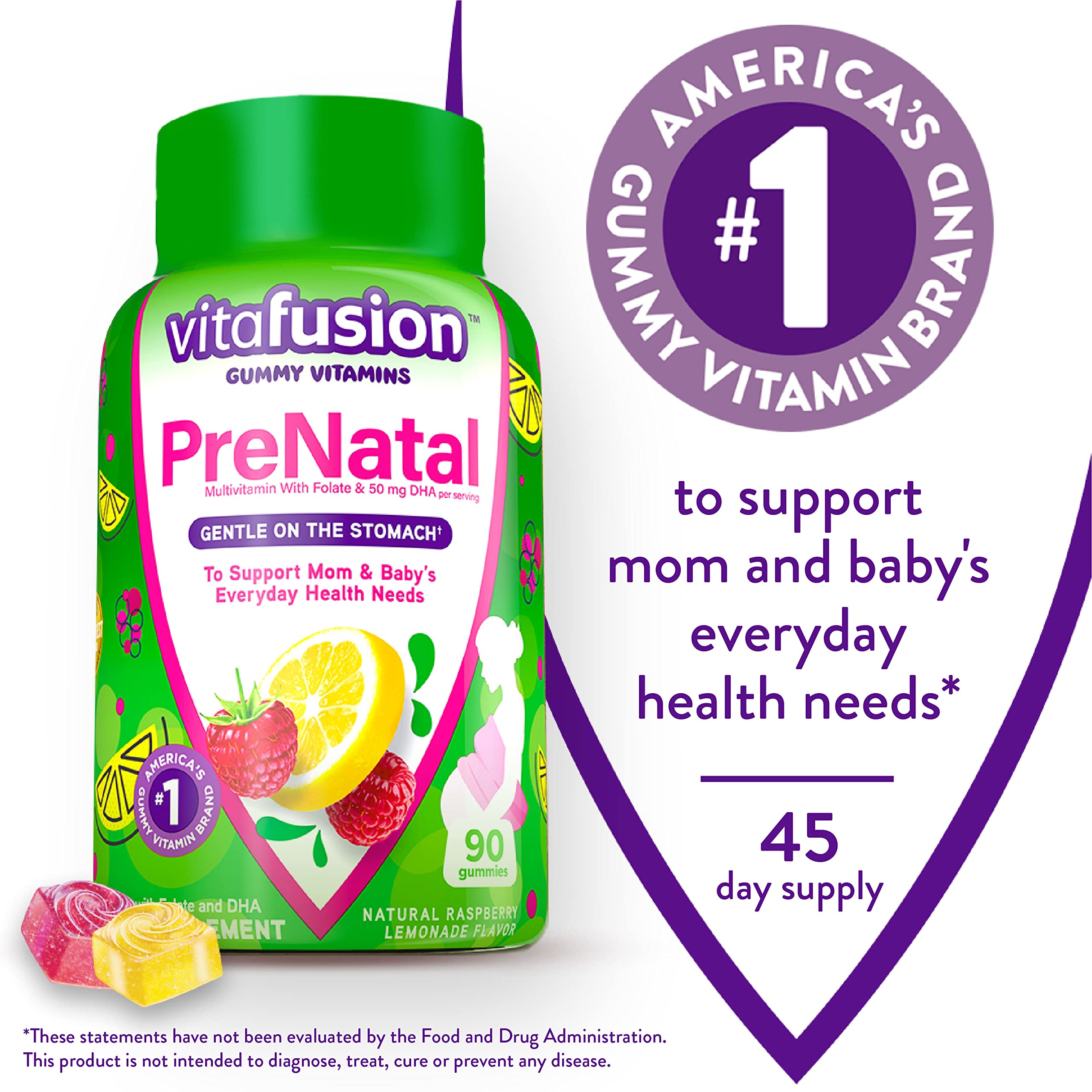 vitafusion PreNatal Gummy Vitamins, Raspberry Lemonade Flavored, Pregnancy Vitamins for Women, With Folate and DHA, America’s Number 1 Gummy Vitamin Brand, 45 Day Supply, 90 Count