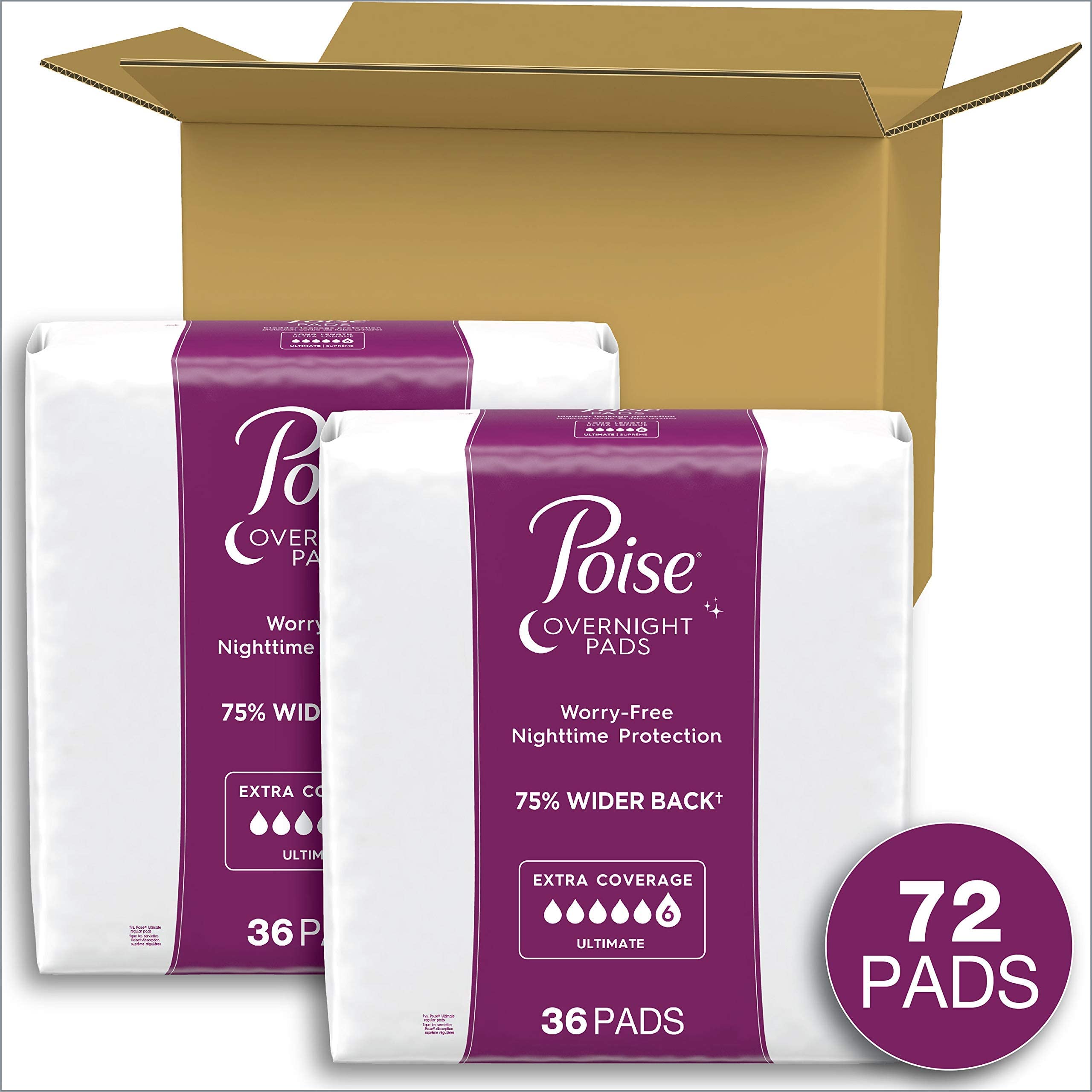 Poise Incontinence Pads & Postpartum Incontinence Pads, 8 Drop Overnight Absorbency, Extra-Coverage Length, 72 Count, Packaging May Vary