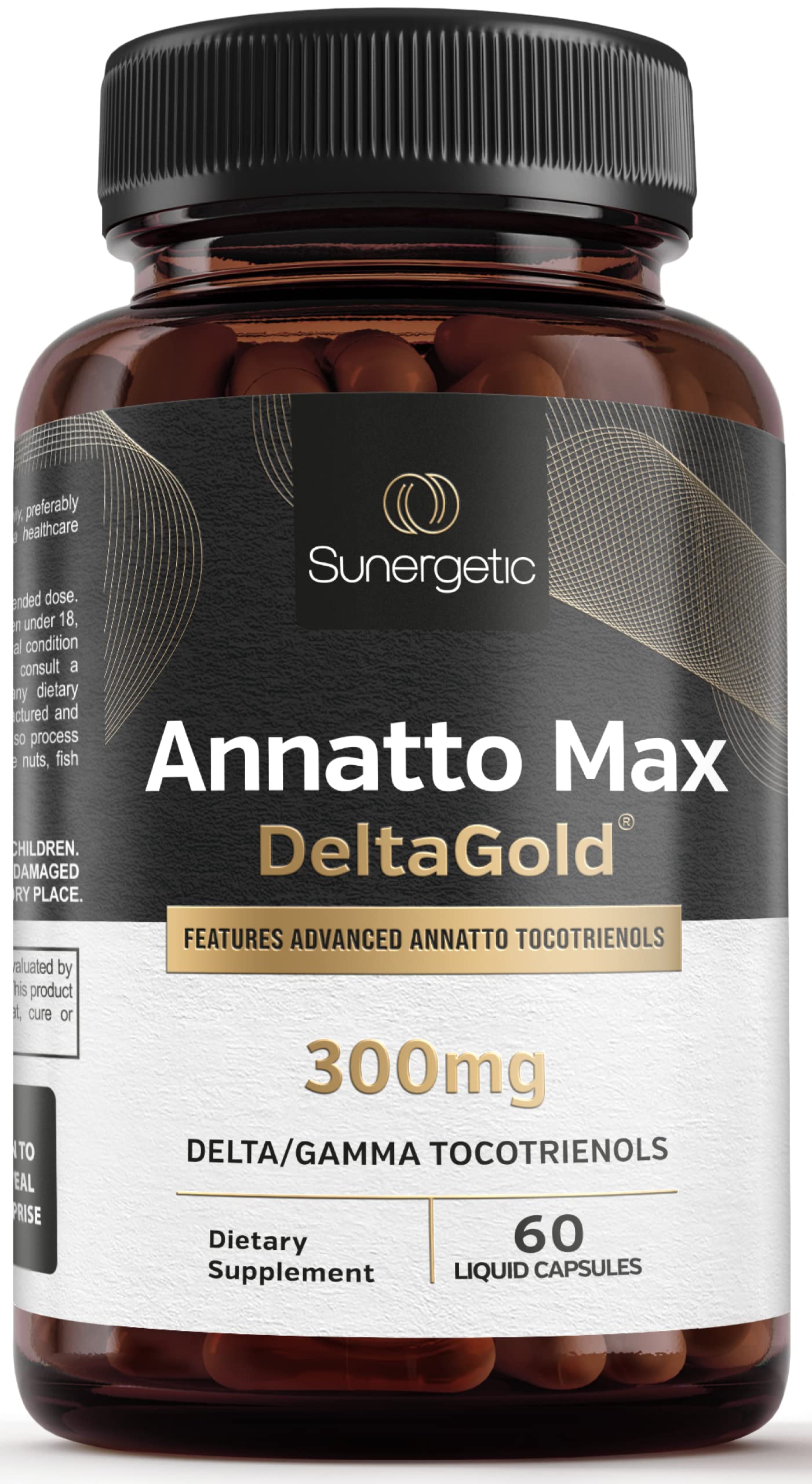 Sunergetic Premium Annatto Tocotrienol Supplement – with DeltaGold – Tocotrienols Vitamin E 300 mg – Supports Liver, Immune & Heart Health - Delta + Gamma Tocotrienols (60 Liquid Capsules)