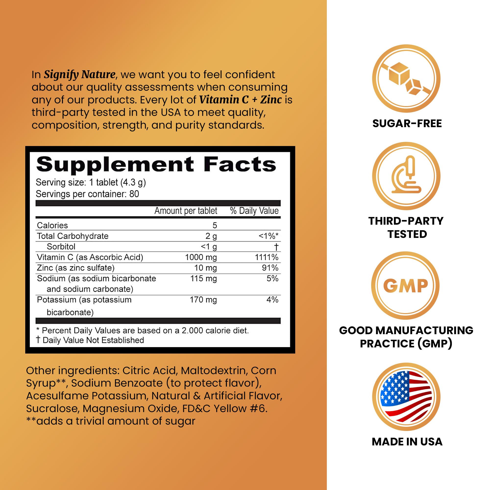 SIGNIFY NATURE Vitamin C 1000mg Effervescent Tablets - Potent Immune Support VIT C with Zinc Supplement - Sugar-Free & Vegan Formula | Dissolvable Vitamin C Tablets - Water Soluble Fizzy Elixir - 80CT