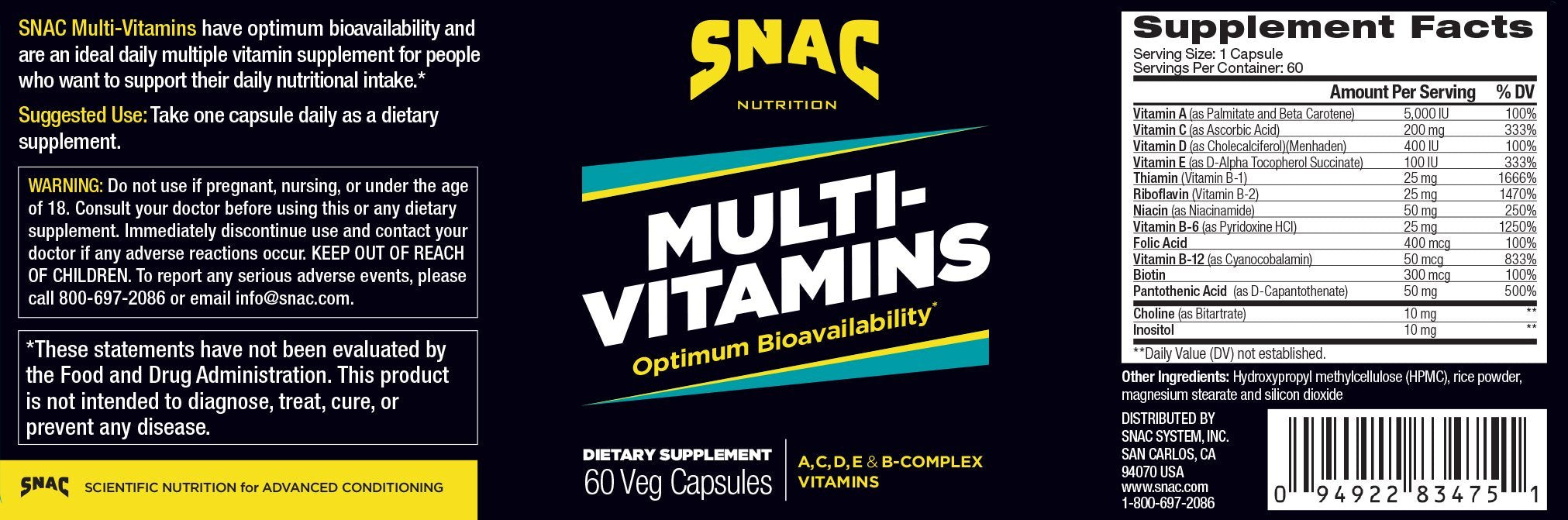 SNAC Multi-Vitamins Daily Supplement with Optimum Bio-Availability, 60 Capsules