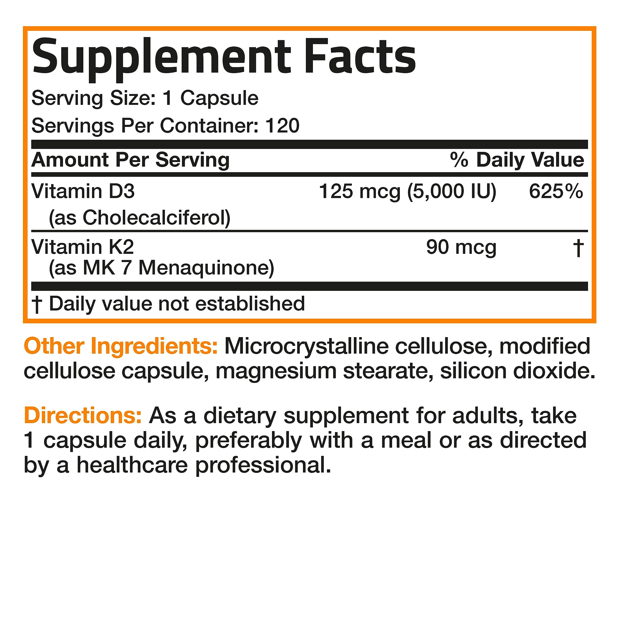 Bronson Vitamin K2 (MK7) with D3 Supplement Non-GMO Formula 5000 IU Vitamin D3 & 90 mcg Vitamin K2 MK-7 Easy to Swallow Vitamin D & K Complex, 120 Capsules