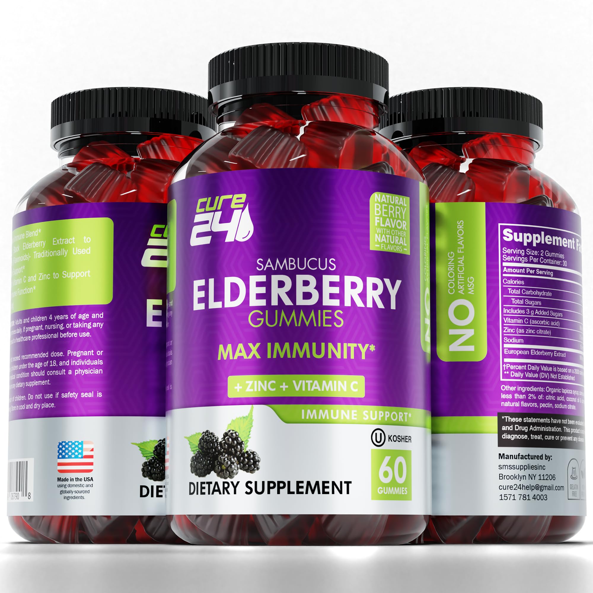 Cure24 Sambucus Elderberry Gummies for Adults & Kids, Black Elderberry Vitamin c and zinc Supplements, Triple Immune Support Supplement, 60 Chews, Made in USA