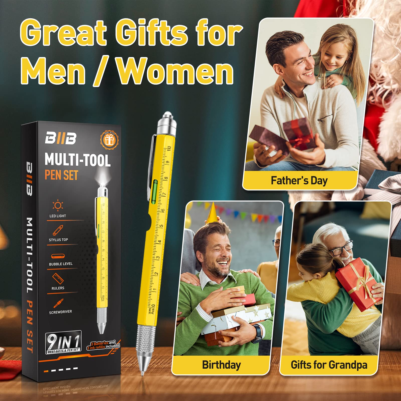 BIIB Dad Gifts for Men, 9 in 1 Multitool Pen Fathers Day Gift from Daughter, Father's Day Gifts for Dad Who Wants Nothing, Birthday Gifts for Men, Mens Gifts for Him, Grandpa, Tools Gadgets for Men